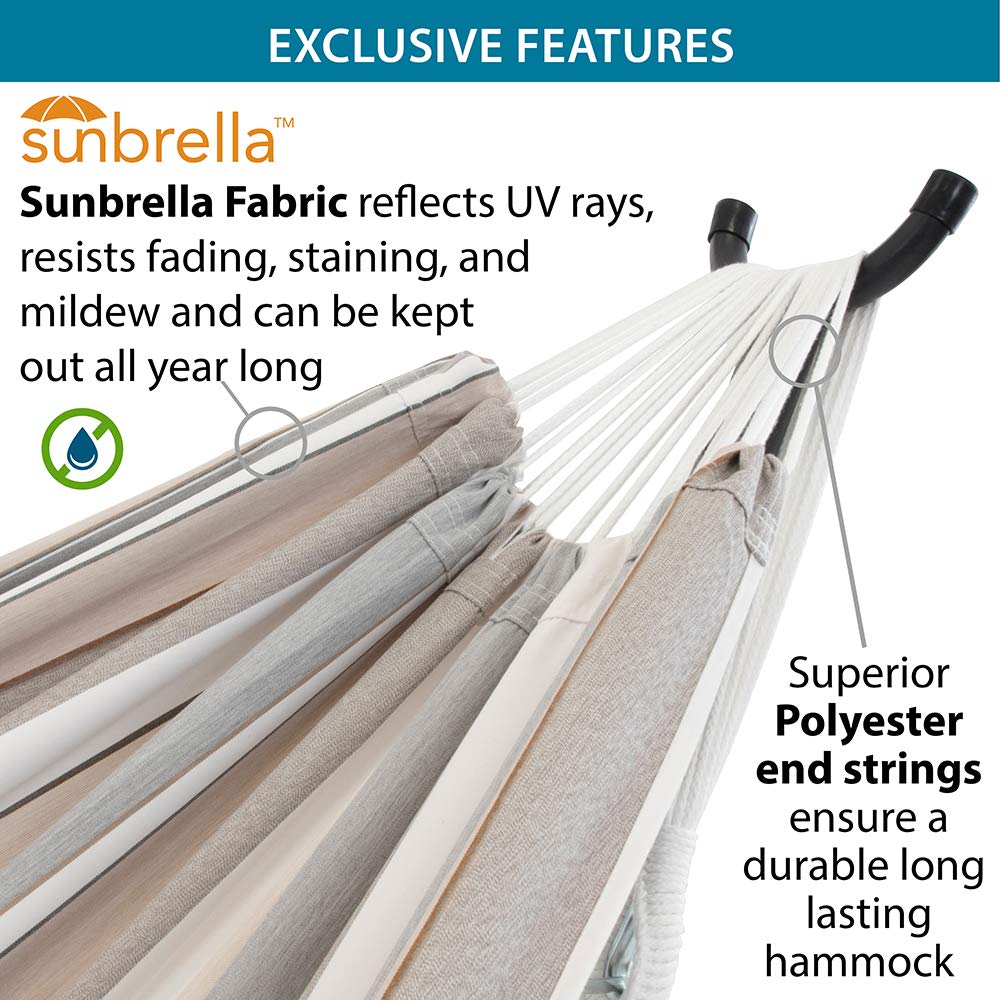 Vivere Double Sunbrella Hammock with Space-Saving Steel Stand - 450 lb Weight Capacity - Includes Premium Carry Bag (Dove) - Perfect for Backyard Relaxation, Camping & Beach Getaways