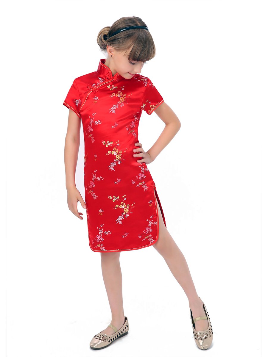 Blossom and Leaves Little Chinese Qipao Dress Red - Traditional Kids Cheongsam for Special Occasions & Cultural Events