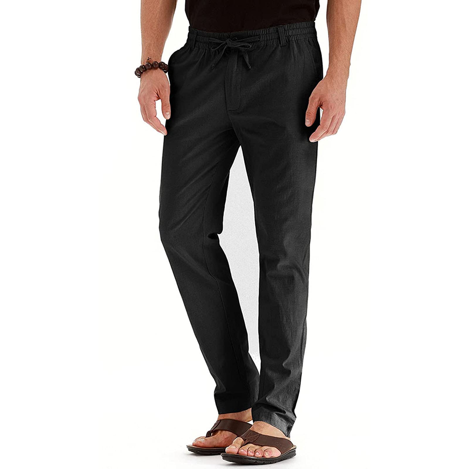 Happy Men's Casual Pants - Solid Color Elastic Waist Dress Trousers with Drawstring & Pockets | Business, Work, Office & Travel Wear for Professionals