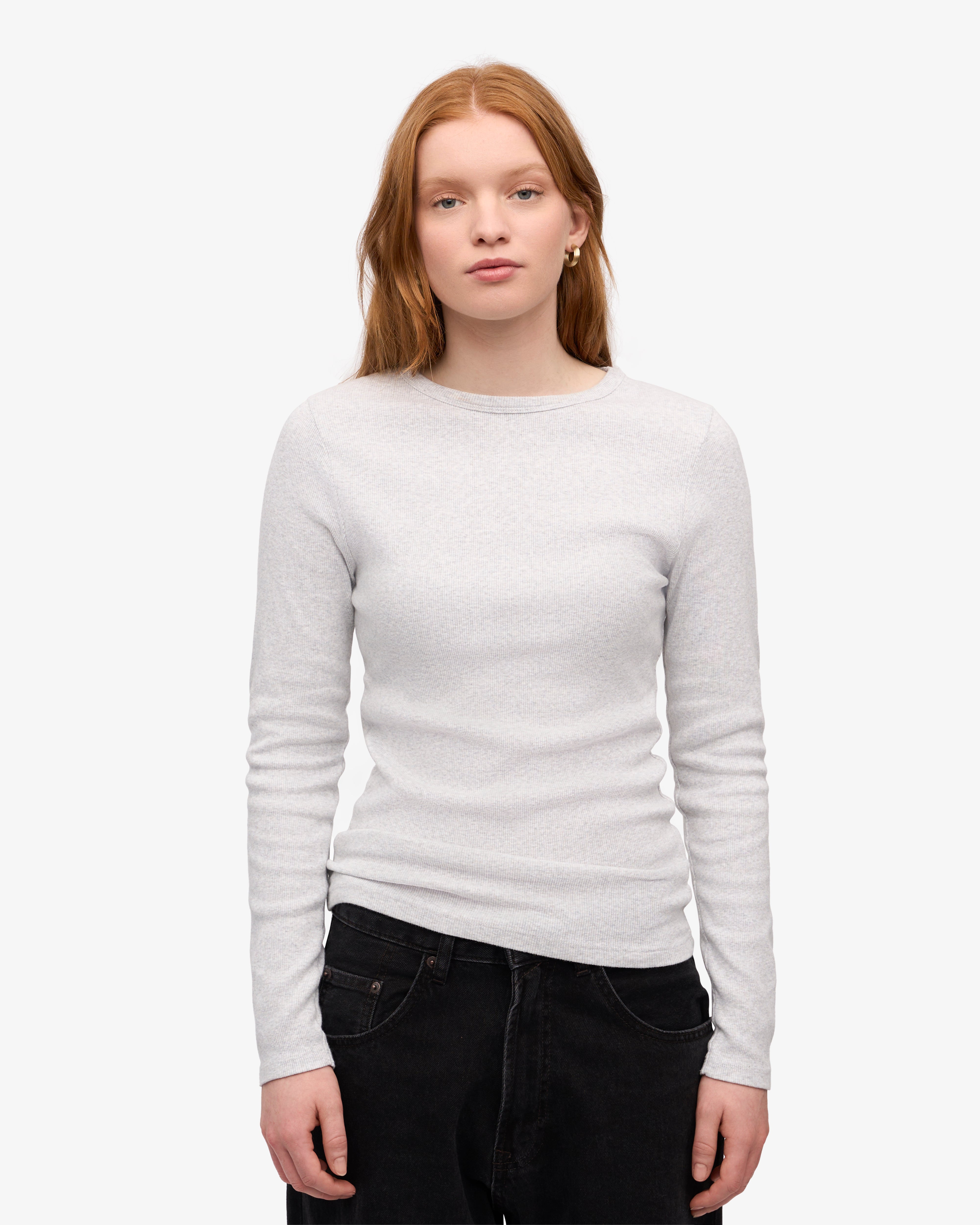 Organic Women's Long Sleeve Ribbed T-Shirt - Snow Melange Color | Soft Comfortable Casual Top for Everyday Wear, Work & Outfits
