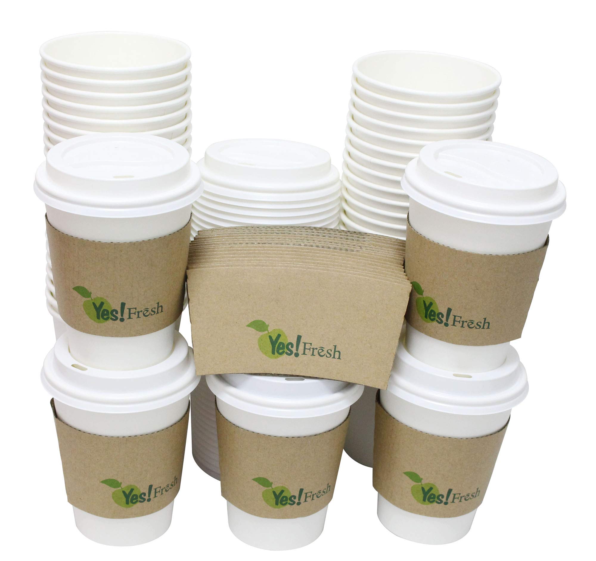 50 Pack 12oz Disposable White Paper Coffee Cups with Lids and Sleeves - Eco-Friendly To-Go Cups for Hot Chocolate, Tea, Coffee & Cold Beverages - Perfect for Cafes, Bistros, Offices & Home Use (50 Count)