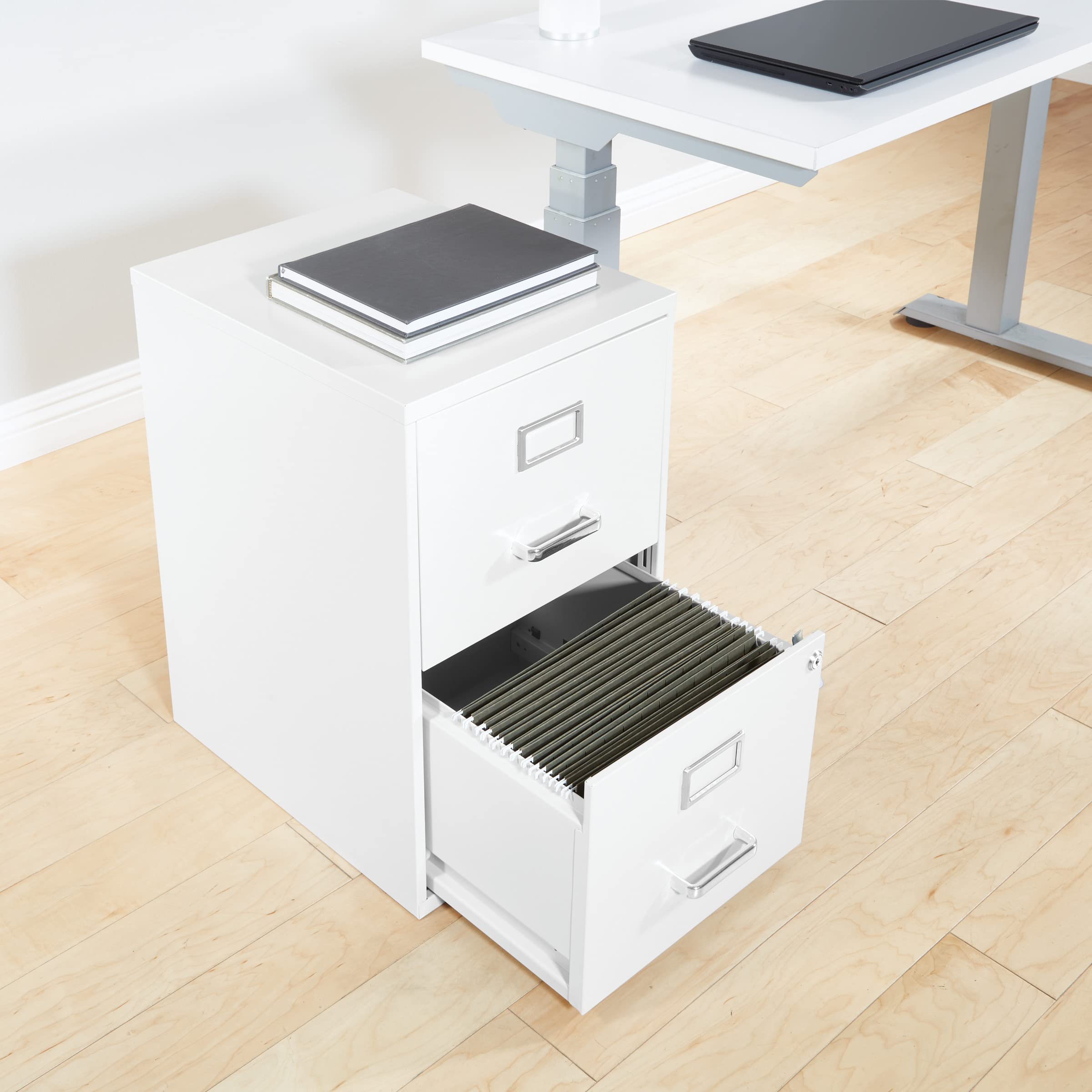 OSP Home Furnishings 2-Drawer Mobile Locking Metal File Cabinet, White - Office Storage Solution for Documents & Supplies | Rolling File Cabinet for Home & Business Use