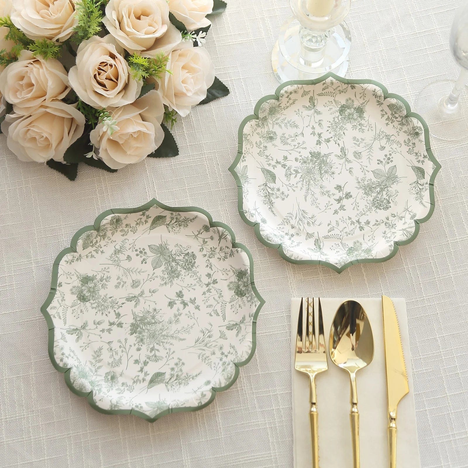 25-Pack White and Sage Green Floral Leaf Print Paper Plates with Scalloped Rim - Elegant Disposable Tableware for Weddings, Baby Showers & Garden Parties