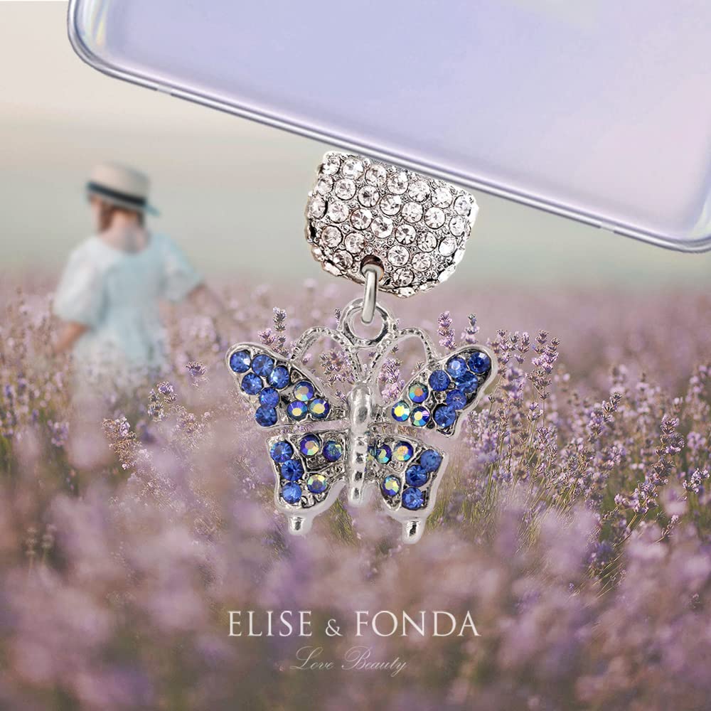 ELISE & FONDA TP155 Crystal Anti-Dust USB-C Plug with Butterfly Charm - Compatible with Samsung Galaxy, Huawei, OnePlus, Xiaomi, OPPO Android Phones (Blue) - Perfect Phone Accessory for Protection & Style