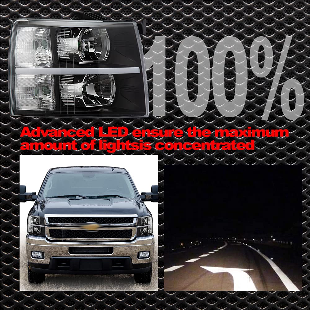 LED DRL Headlight Assembly Replacement for 2007-2013 Chevy Silverado - Clear Lens Black Housing with Clear Reflector - Left & Right Pair - Perfect for Night Driving & Off-Road Adventures