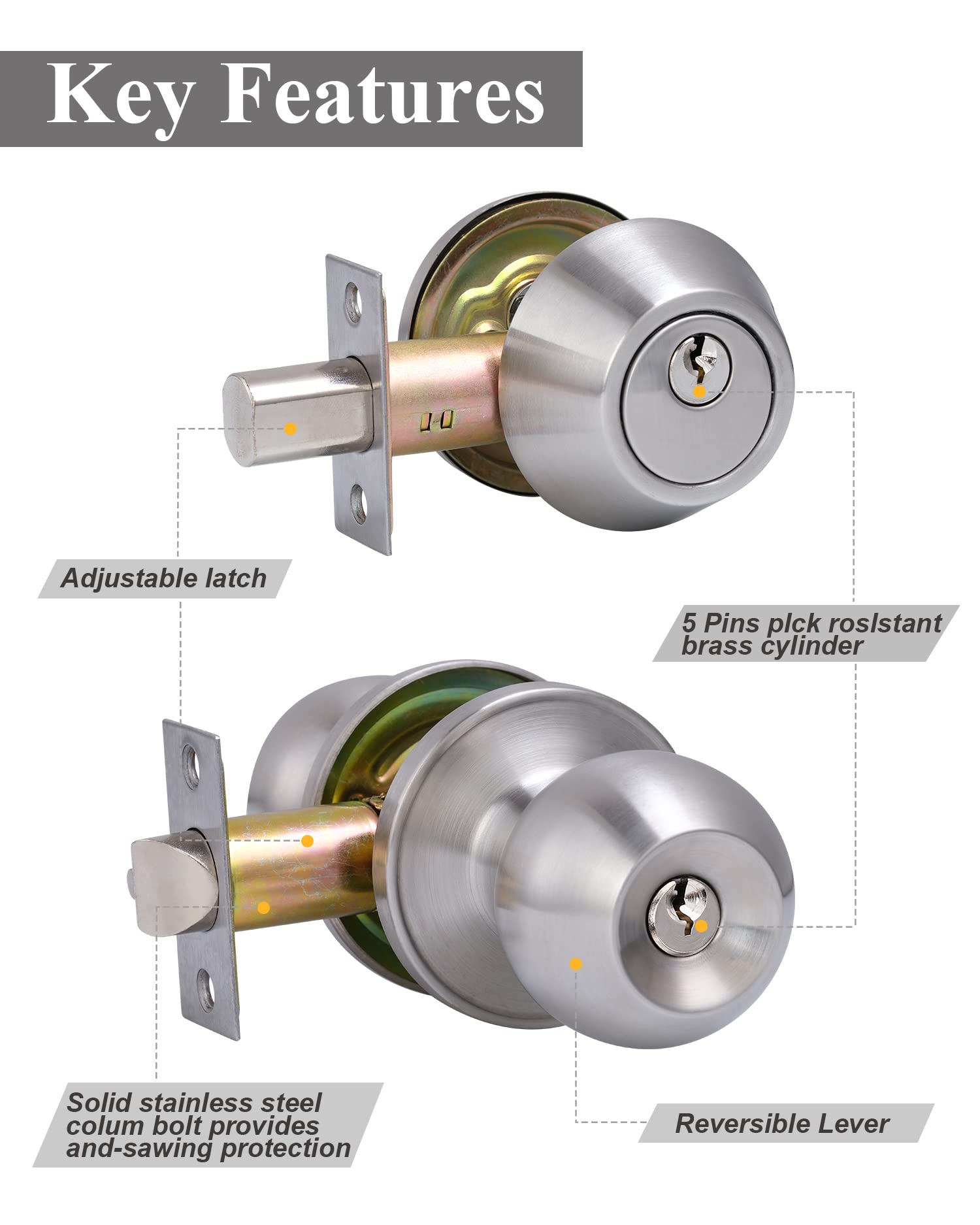 2 Sets Keyed Alike Entry Door Knob & Deadbolt Combo Set - Satin Nickel Round Exterior Door Knobs with Lock & Keys for Front Door Security - Perfect for Home, Apartment & Office Entrance Protection