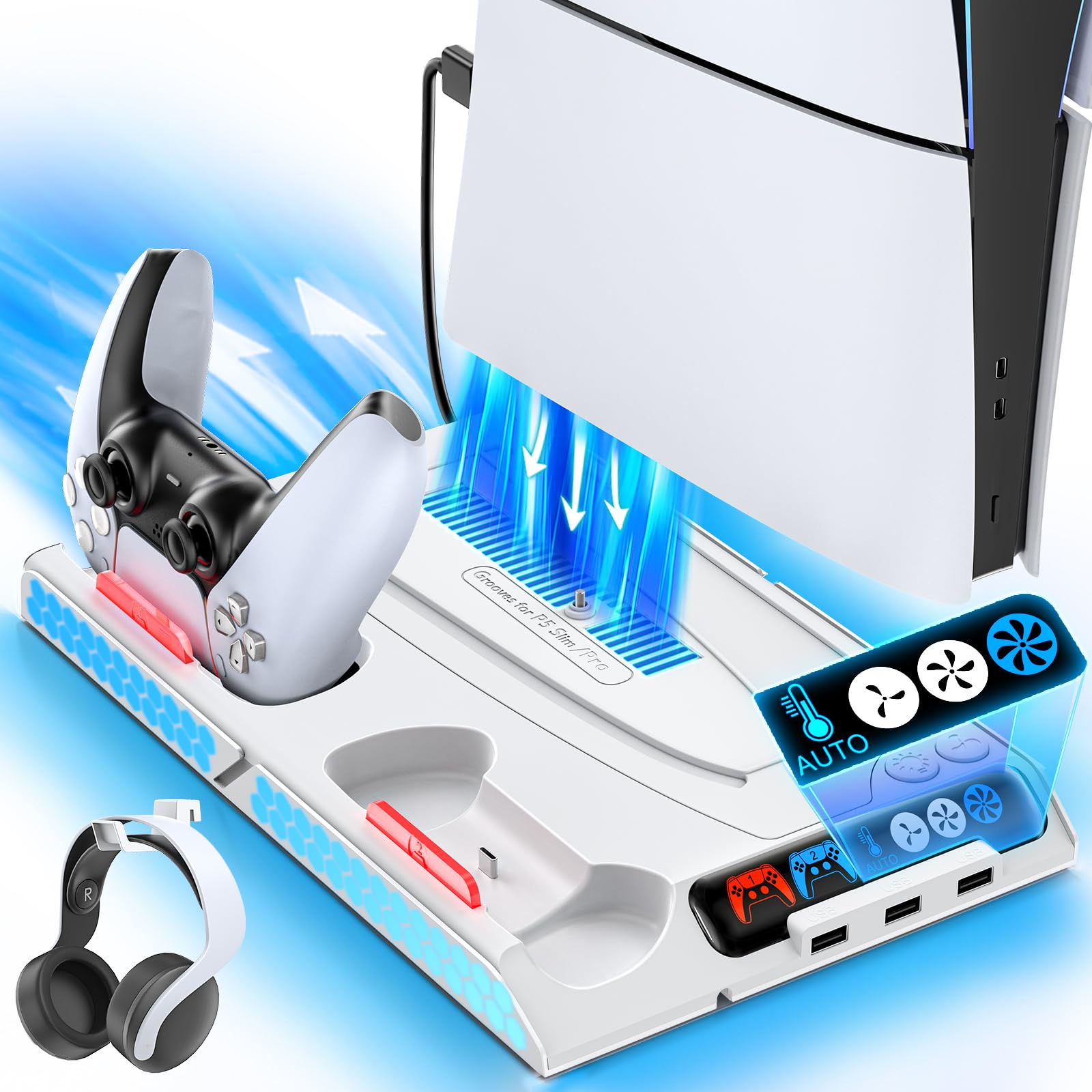 KDD PS5/Slim/Pro Cooling Stand with Dual Controller Charger - Universal Cooling Base Station for PlayStation 5 Disc & Digital Editions - Auto Temp Control Cooling Fan & 9 LED Lights - Perfect for Gaming Marathons & Controller Organization