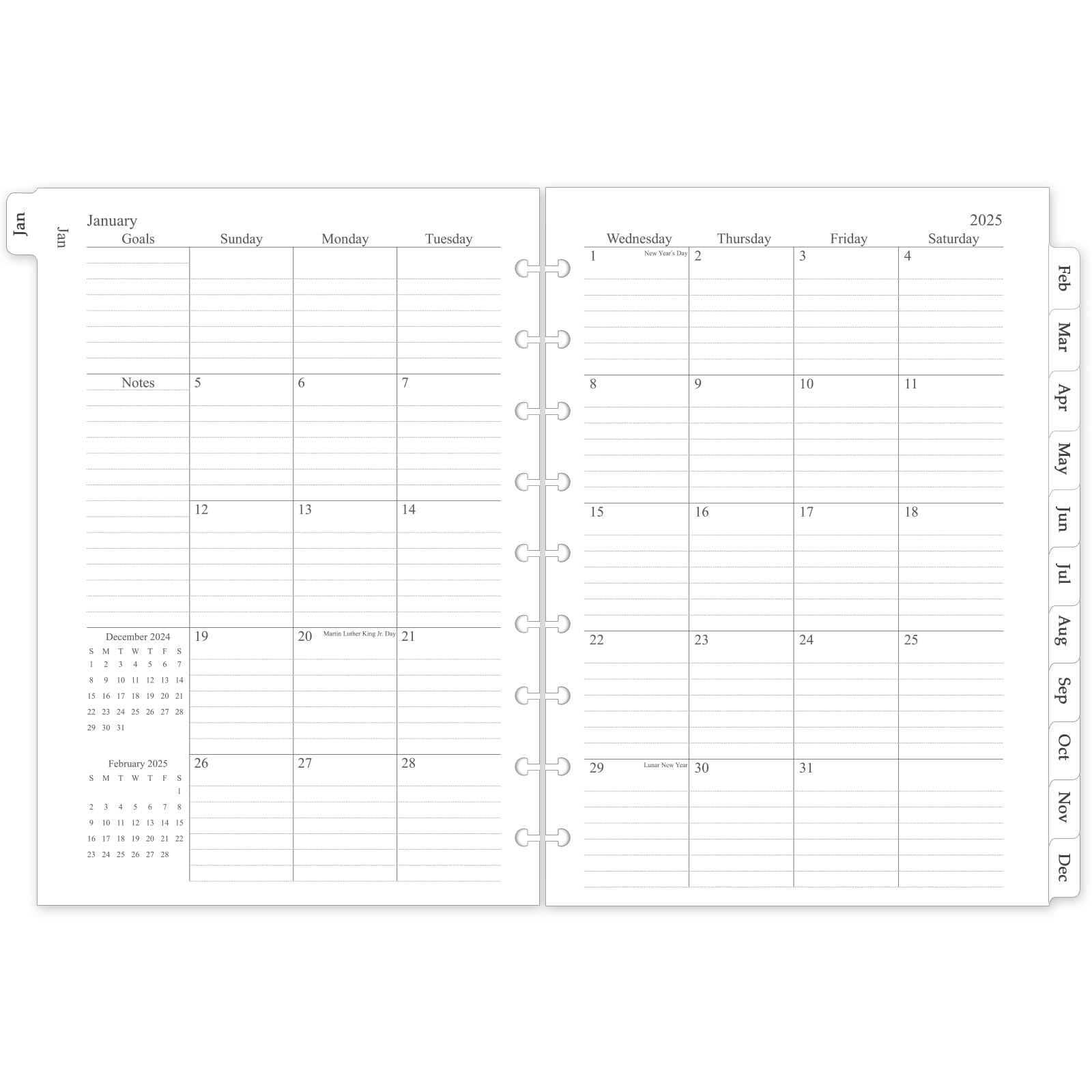 2025 Monthly Planner Refill Inserts for 9-Disc Discbound System - 12 Month Calendar with Tabs, 7