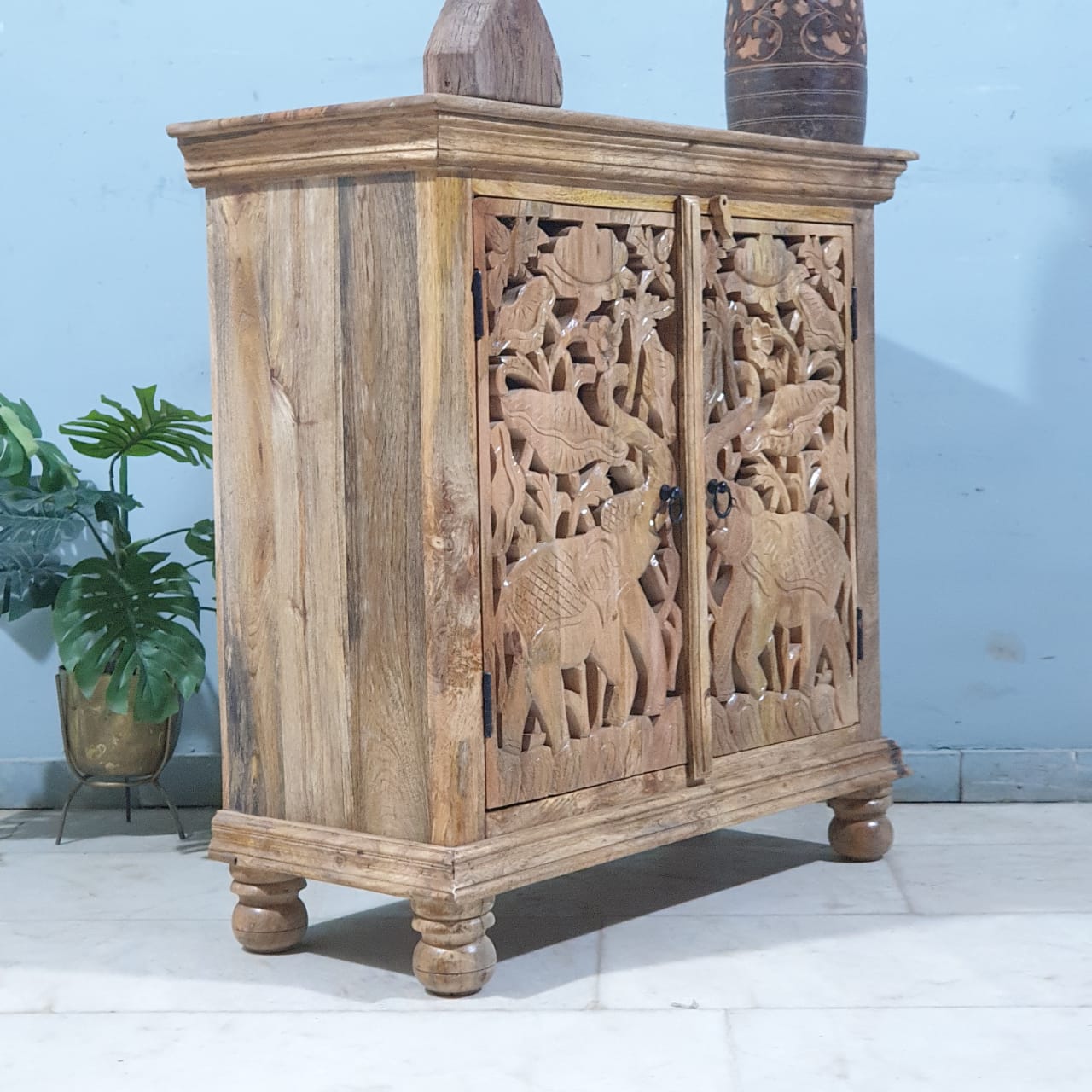 Handcrafted Elephant Carved Solid Wood Buffet Cabinet - 35.4x15.7x35.4 Inches Brown - Perfect for Dining Room Storage & Rustic Home Decor