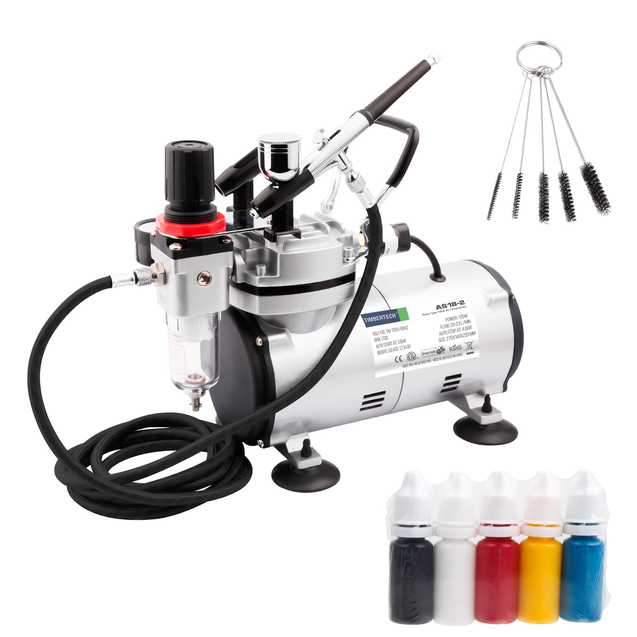 Timbertech AS18-2K Airbrush Kit with Compressor - Complete Starter Set with Air Hose, Cleaning Brushes & Test Paints - Perfect for Hobbyists, Model Painting, Automotive Graphics, Body Art & Makeup Application