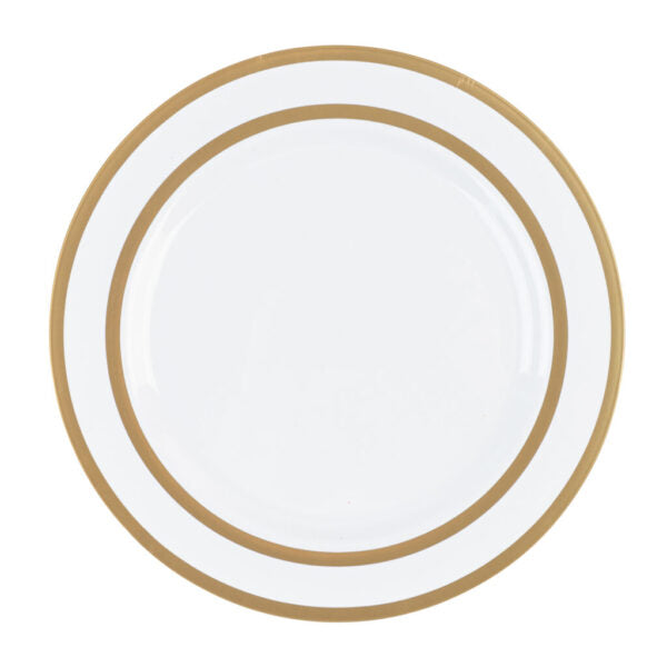 32-Piece White and Gold Rim Plastic Dinnerware Set for 16 Guests - Elegant Symmetry Design for Parties, Weddings, and Outdoor Dining