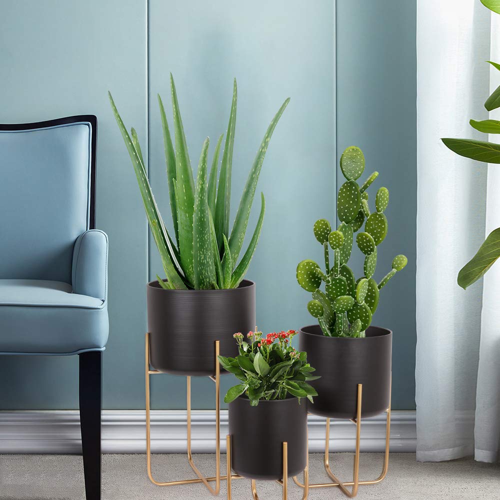 Sinolodo 3-Pack Large Floor Standing Planters with Metal Stand - Extra Large Black & Gold Flower Pots for Indoor/Outdoor Trees, Plants & Home Decor