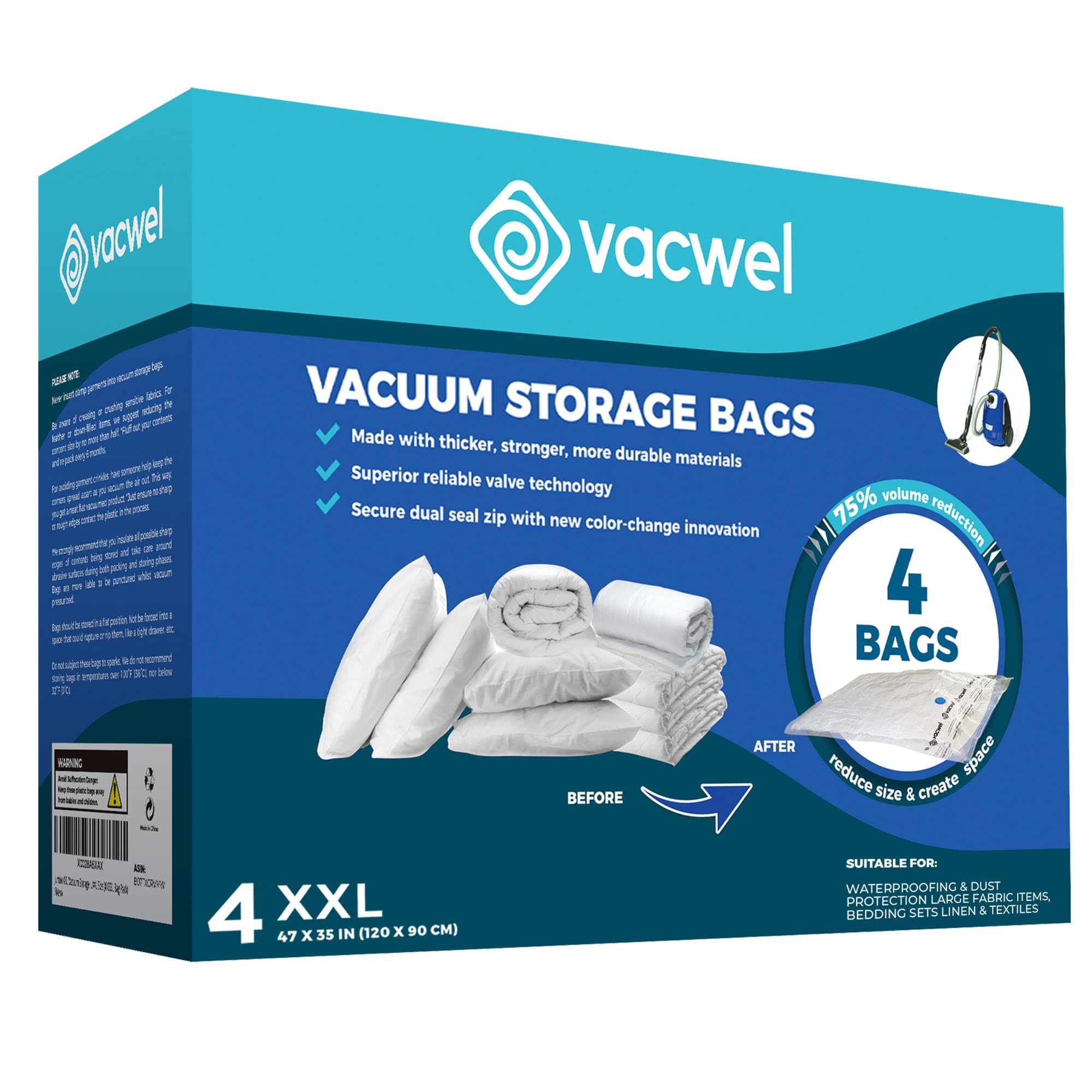 Vacwel XXL Vacuum Storage Bags 4-Pack (47x35 Inches) - Space Saving Compression Bags for Clothes, Comforters, Blankets & Bedding Storage - Heavy Duty Ziplock Seal - Perfect for Seasonal Storage, Moving & Travel