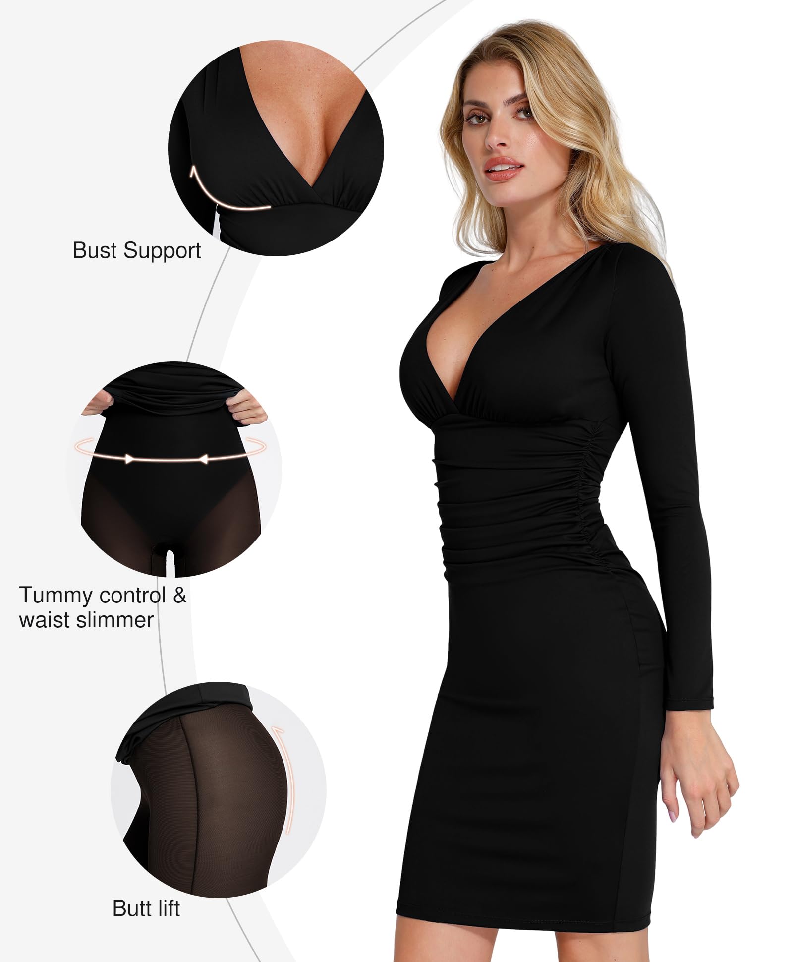 Popilush Slimming Long Sleeve Bodycon Dress - V Neck Ruched Midi Dress for Women | Shapewear Party Cocktail Dress | Perfect for Night Out, Date Night & Special Occasions