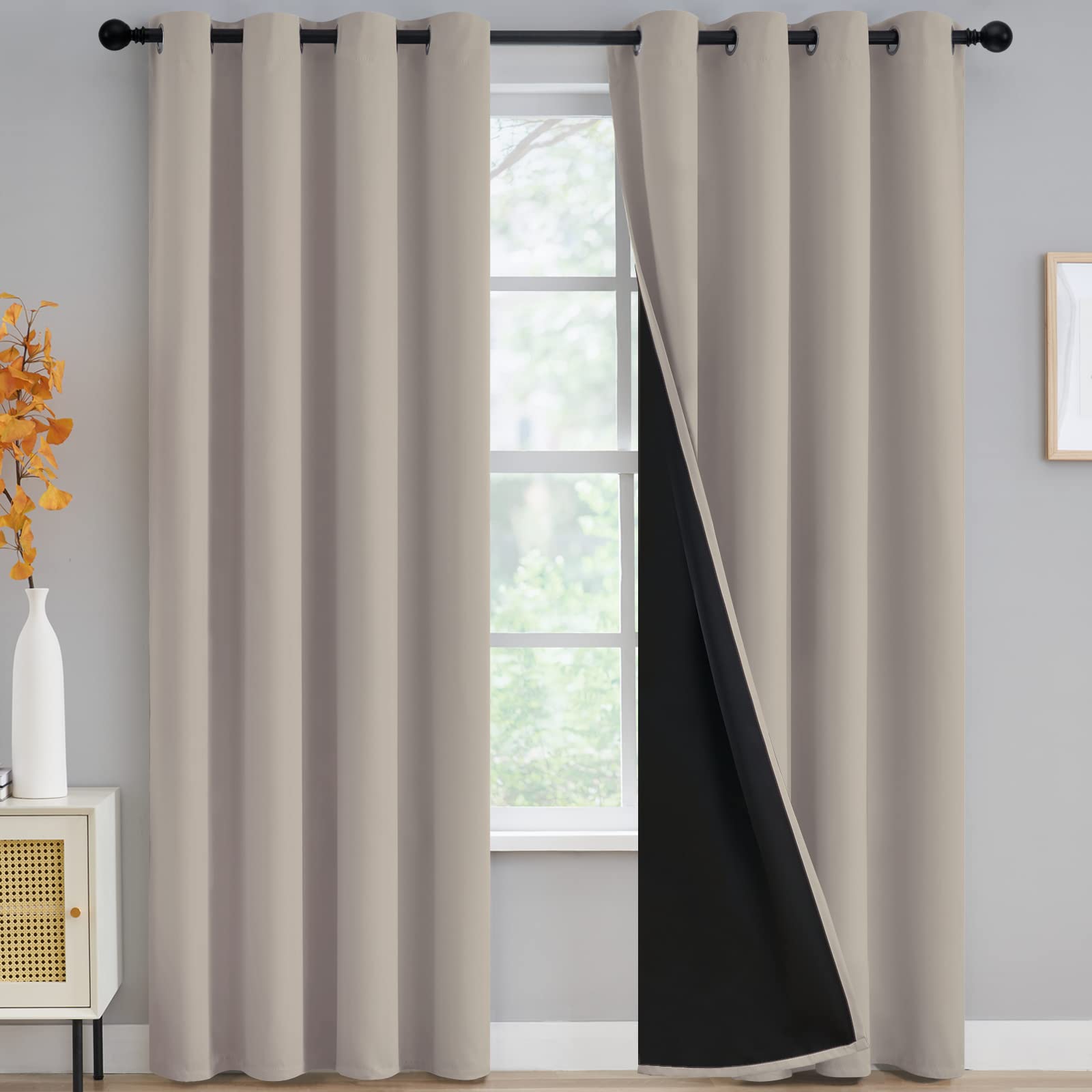 Yakamok 100% Blackout Curtains for Bedroom & Living Room - 84 Inch Length Thermal Insulated Drapes with Black Backing, Complete Light Blocking Grommet Panels (52Wx84L, Natural, 2 Panels) - Perfect for Home Theater, Nursery & Light Sleepers