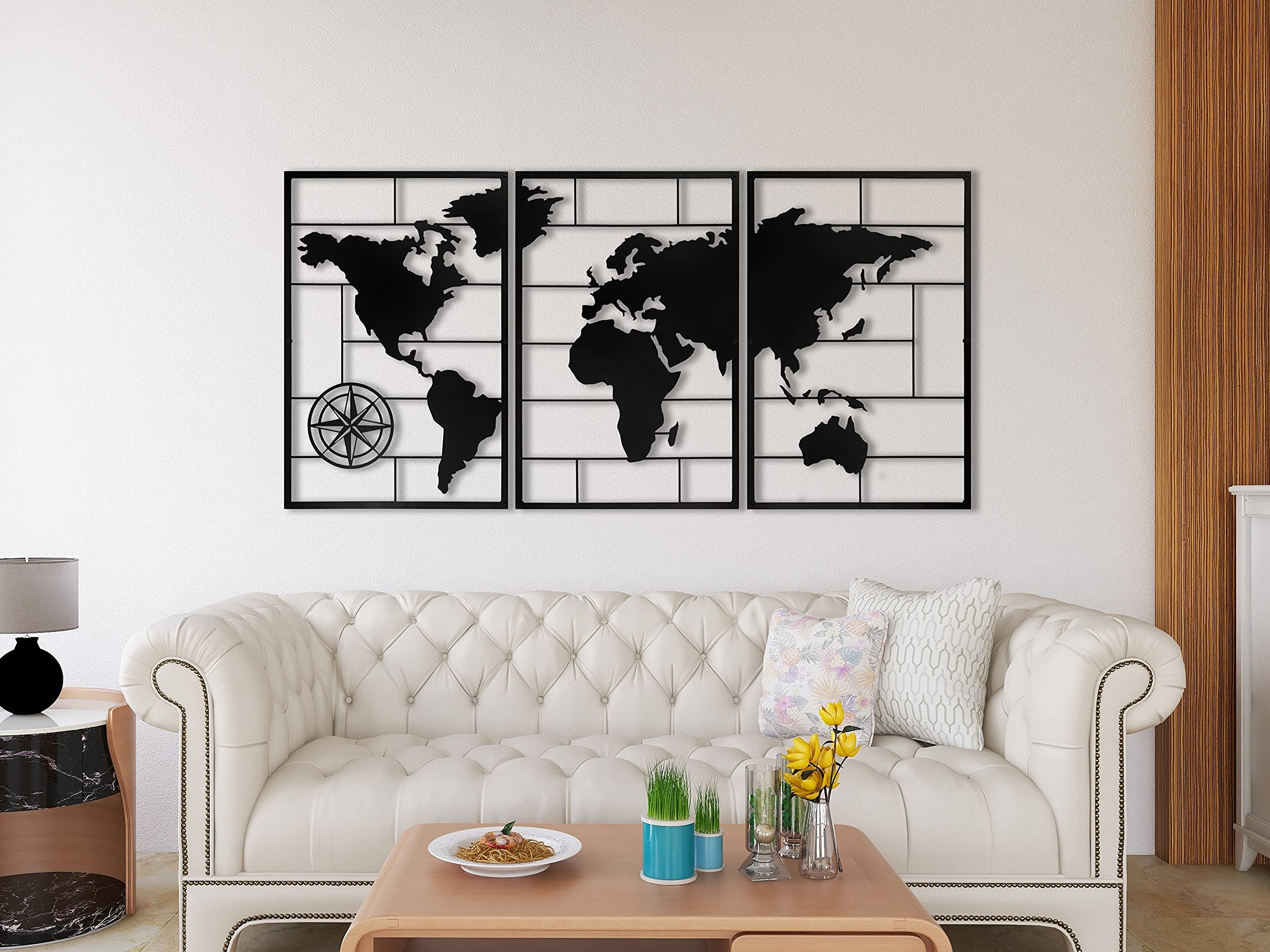Baupor 3-Piece Large Metal World Map Wall Art - Modern Rustic Home Decor for Living Room, Office, Cabin - Perfect Housewarming Gift (59'' x 29'') - Ideal for Travel Lovers & Geography Enthusiasts