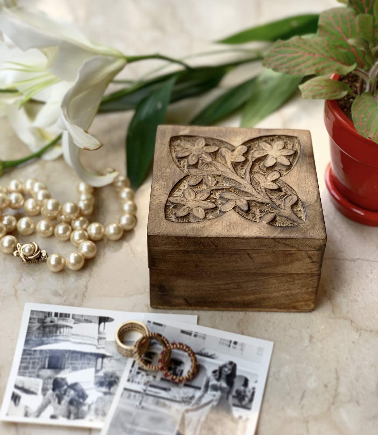 Handmade Decorative Wooden Jewelry Box - 4 x 4 Inch Treasure Chest for Necklaces, Rings & Watches | Perfect Birthday Gift & Jewelry Organizer | Keepsake Box for Home Decor, Wedding Favors & Travel Storage