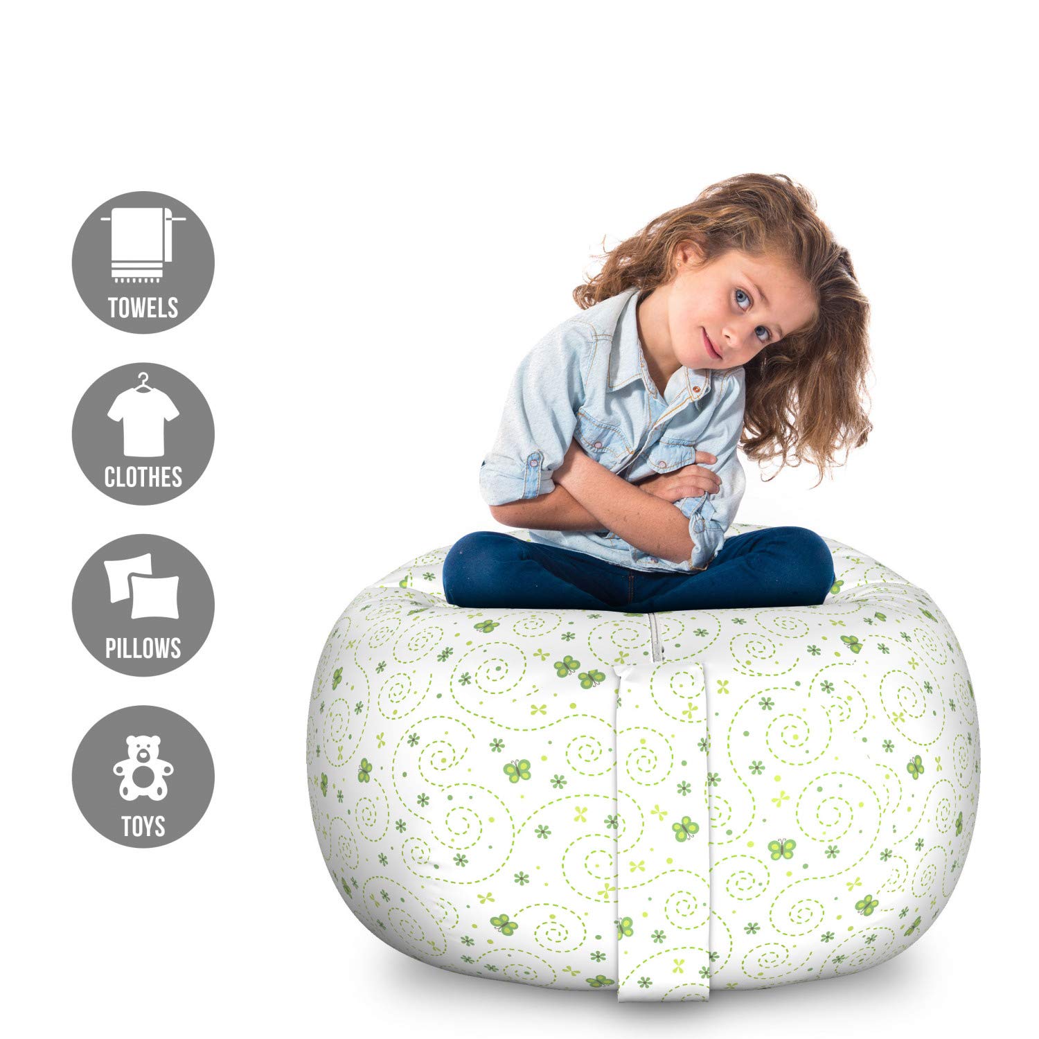 Ambesonne Butterfly Toy Storage Bag Chair - Large Washable Stuffed Animal Organizer with Floral Spring Design in Yellow Green - Perfect for Kids' Room, Nursery, and Playroom Organization