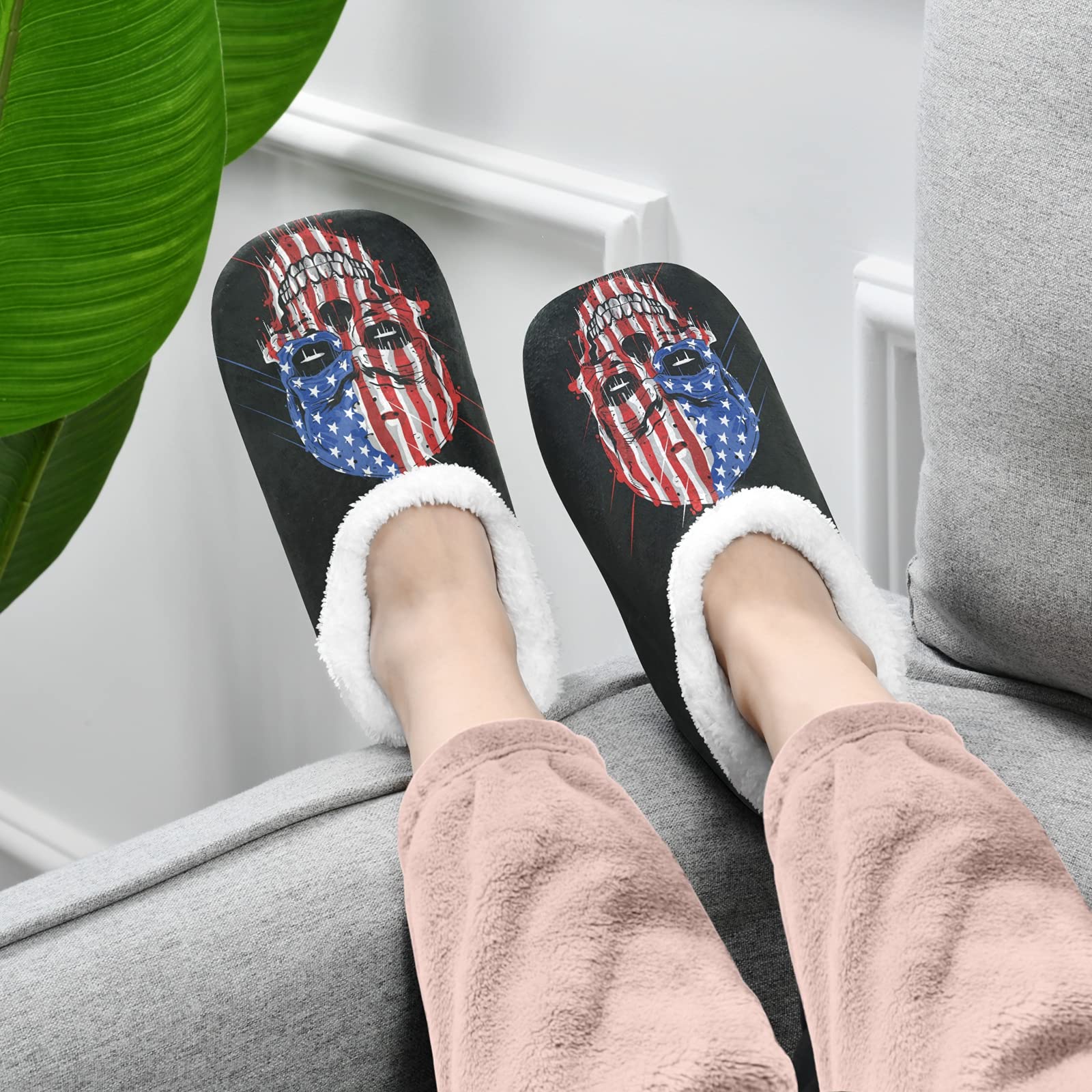 USA Flag Skull Slippers for Women & Men - Soft Cozy Fuzzy House Shoes with Non-Skid Sole for Home, Indoor & Office Wear - Perfect for Relaxing, Lounging & Holiday Gifts