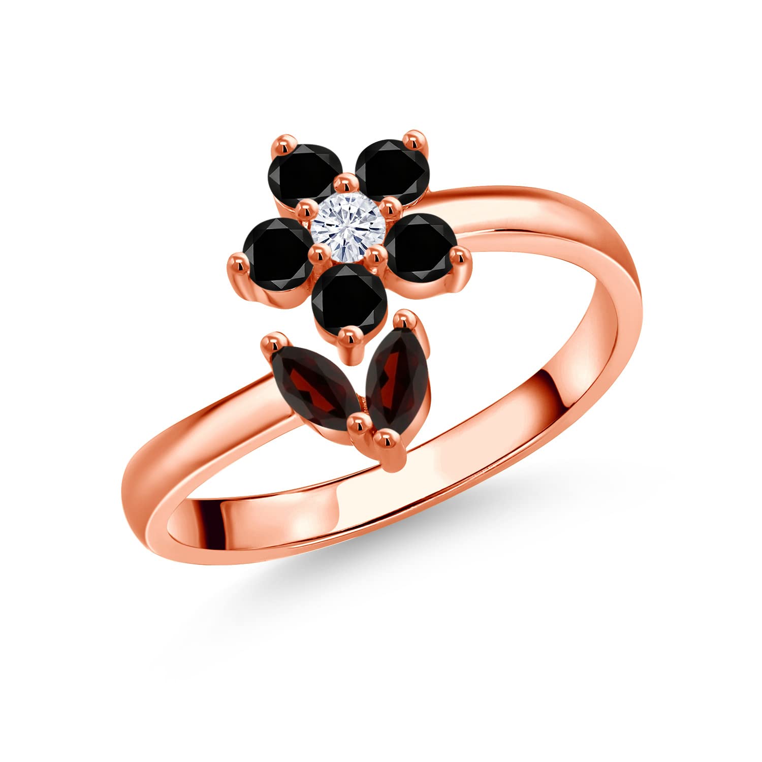 0.79Ct Marquise Red Garnet & Black Diamond 18K Rose Gold Plated Silver Flower Ring for Women - Elegant Jewelry Gift for Valentine's Day, Anniversary & Special Occasions