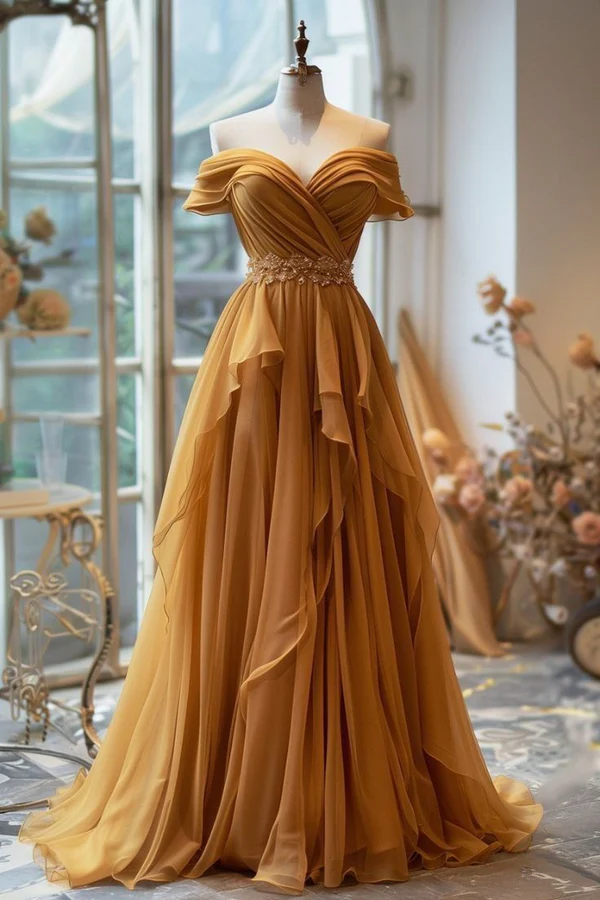 Off The Shoulder A-Line Prom Dress - Elegant Chiffon Formal Gown for Homecoming, Wedding & Evening Party | Style J6369 | Perfect for Prom Night, Quinceañera & Special Occasions