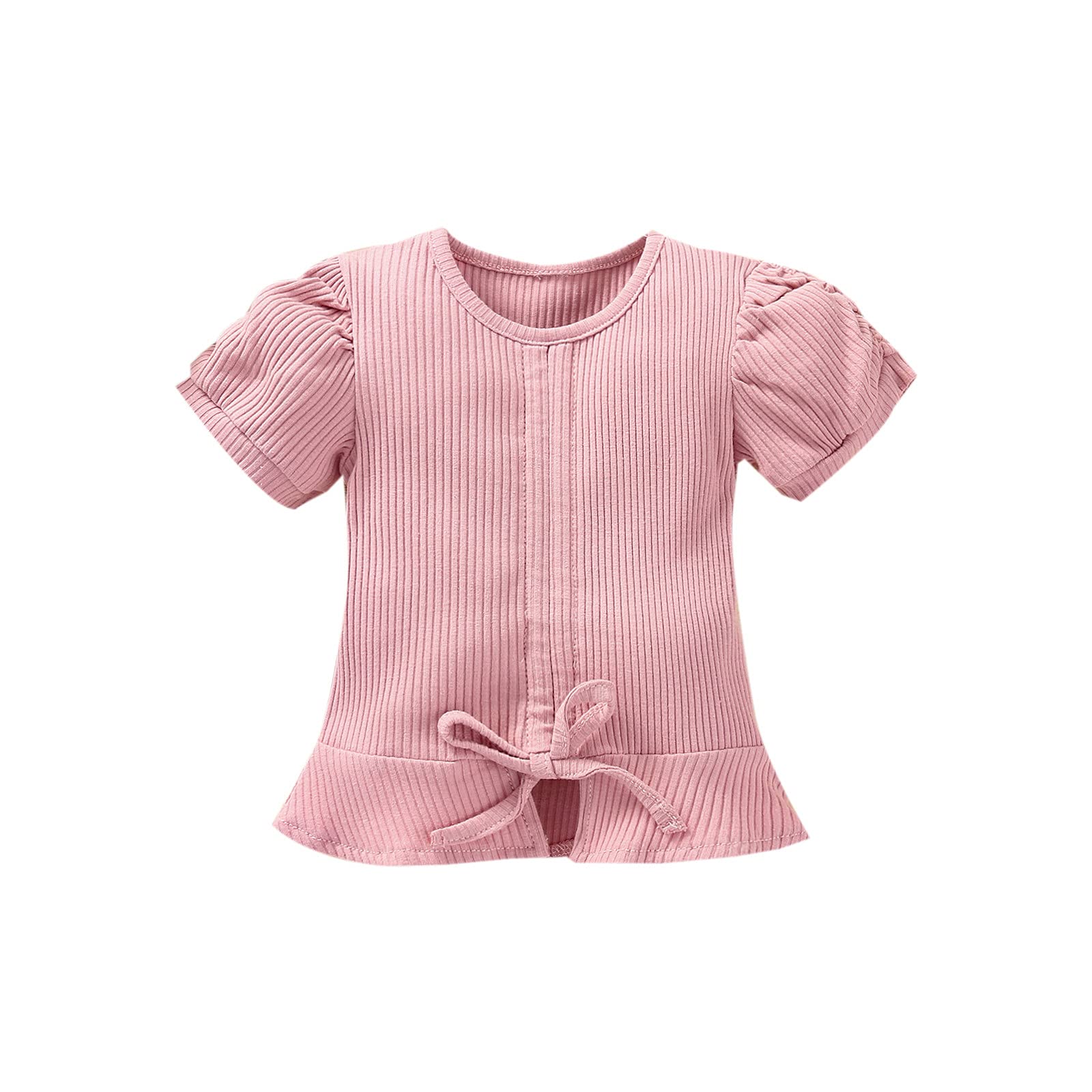 Baby Ribbed Cotton T-Shirt for Toddler Girls - Soft Summer Casual Top with Solid Color & Bandage Design - Perfect for Playdates, Daycare & Outdoor Activities