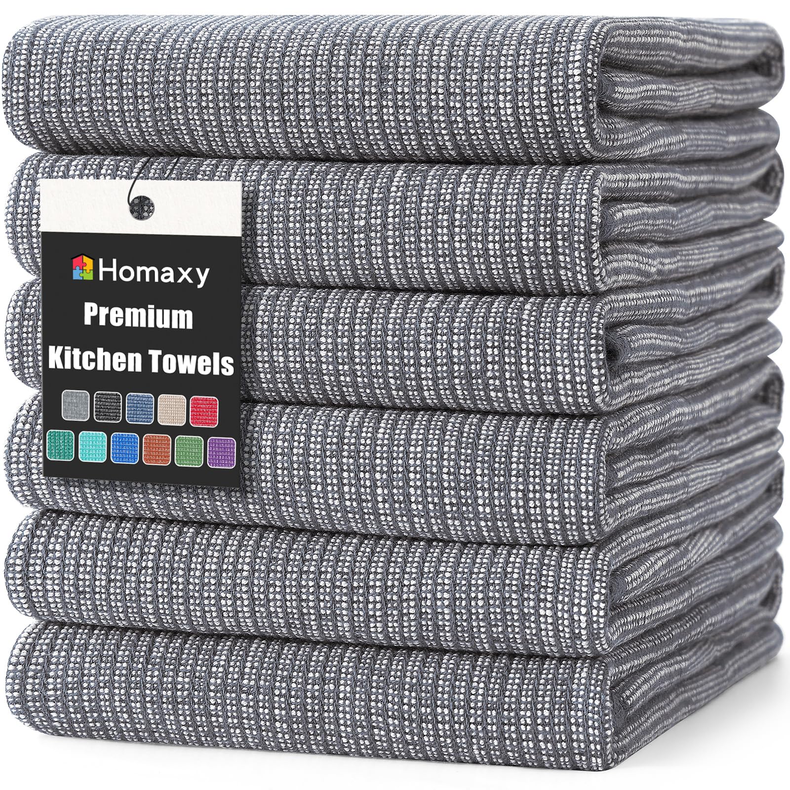 Homaxy Premium Kitchen Towels Set - 6 Pack Large Absorbent Cotton Dish Towels (18x28 Inches, 380 GSM) with Hanging Loop - Grey Flat & Terry Tea Towels for Cooking, Cleaning & Drying Dishes