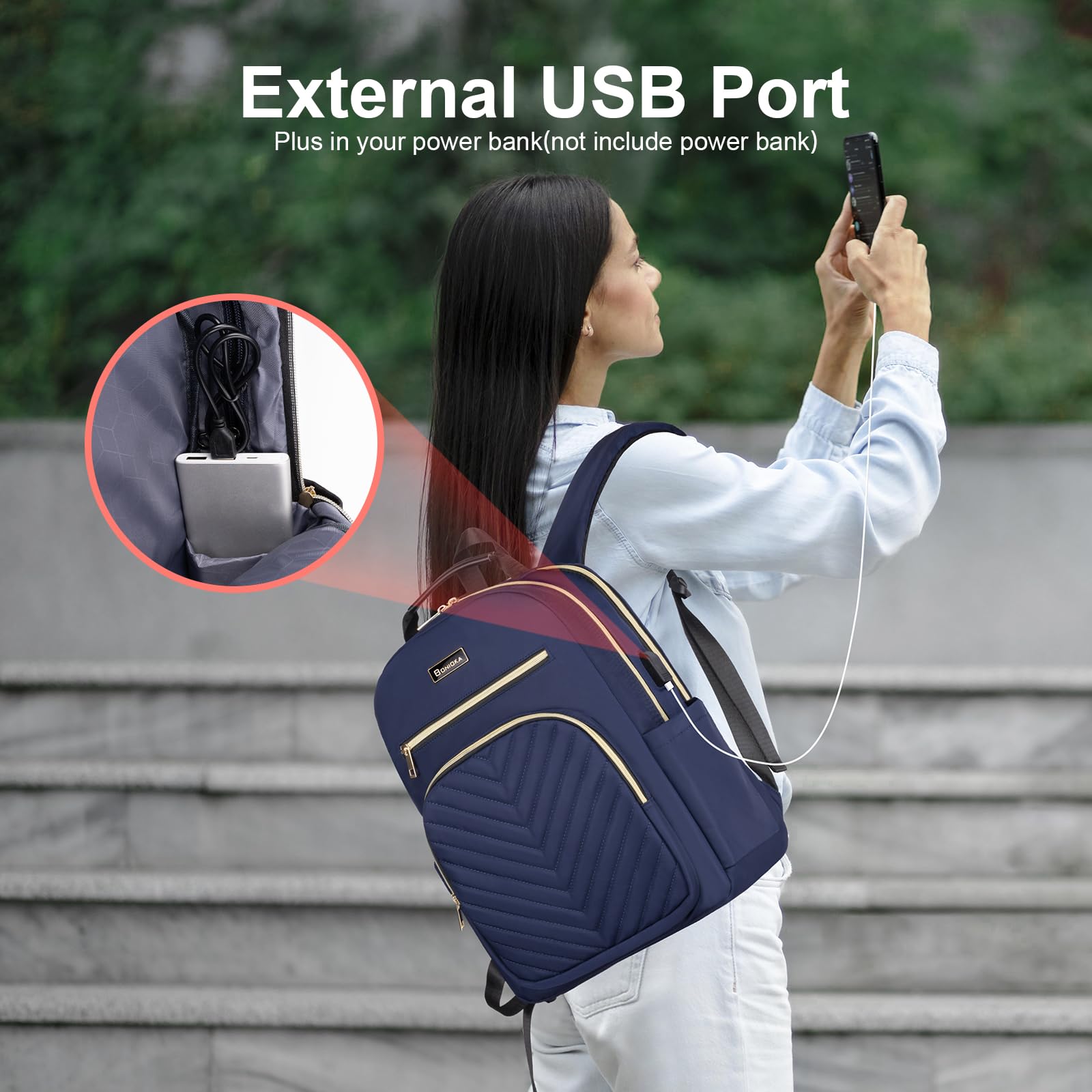 Stylish Women's Laptop Backpack with USB Charging Port - 15.6 Inch Waterproof Travel Backpack for Work & Business Trips - Fits Under Airplane Seat & Attaches to Luggage - Perfect for Commuting, College & Business Travel (Blue)