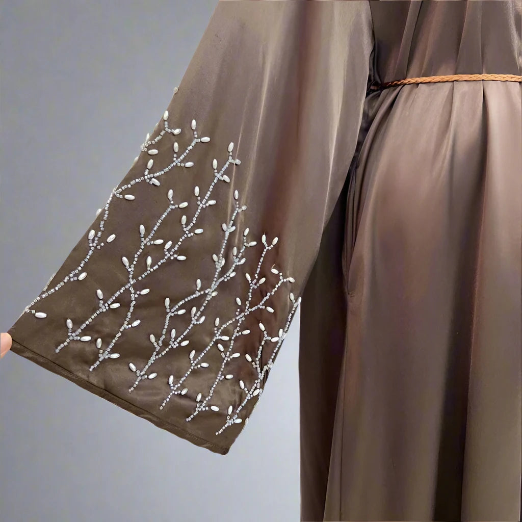 Elegant Hand-Beaded Muslim Women's Open Abaya Dress - Modest Islamic Prayer Dress for Eid, Ramadan & Special Occasions