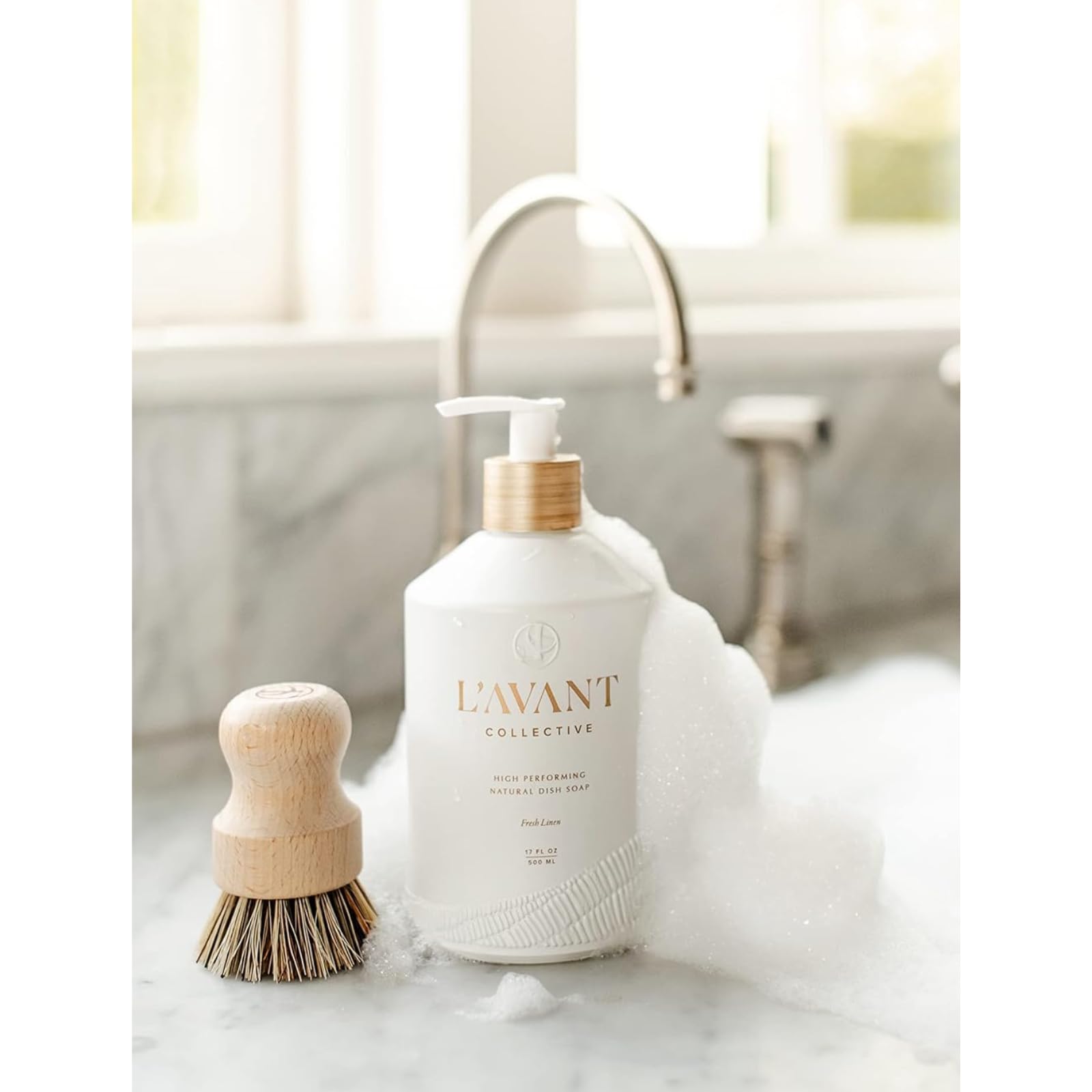 L'AVANT Collective Deluxe Dish & Hand Soap Duo Set with Elegant Lucite Tray - Plant-Based Formula, Fresh Linen Scent, Luxury Glass Bottles - Perfect for Kitchen, Bathroom & Hostess Gifts