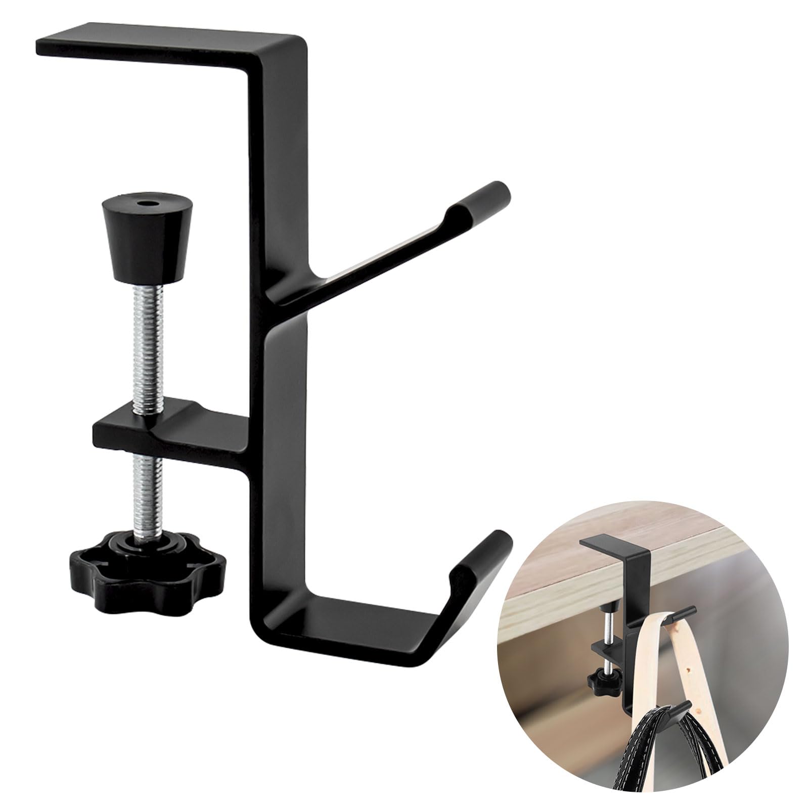Desk Mount Bag Holder & Headphone Hanger - Space Saving Clamp-On Hook for Backpacks, Purses & Accessories - Perfect for Office, Home Desk & Under Counter Organization (Black)