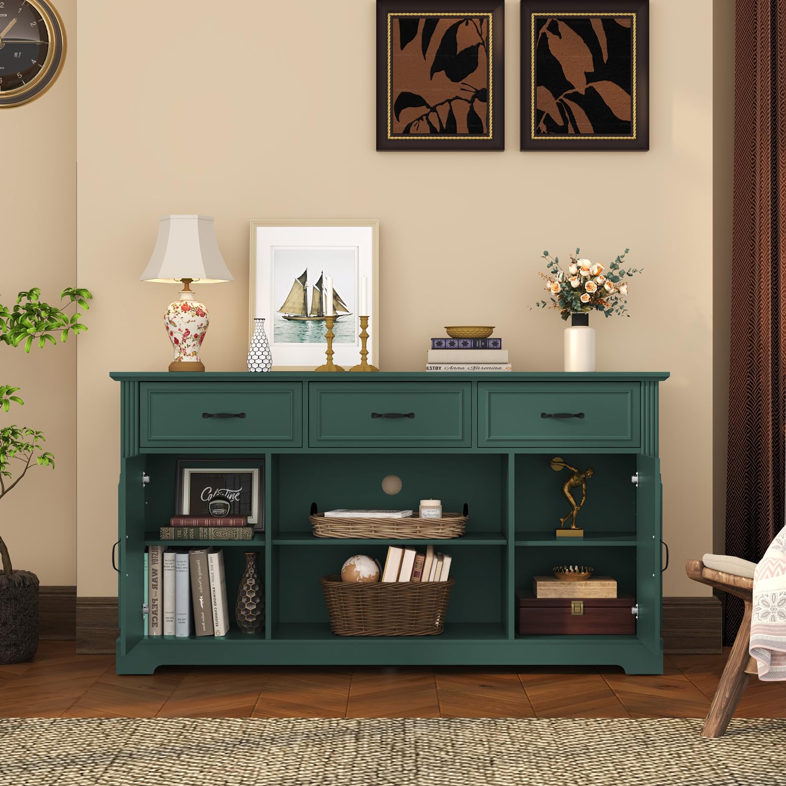 ARTPOWER Mid Century Modern TV Stand for 65 Inch TVs - Wooden Entertainment Center with 3 Drawers & Adjustable Shelves, Storage Cabinet for Living Room (Green) - Perfect for Home Theater Setup & Living Room Organization