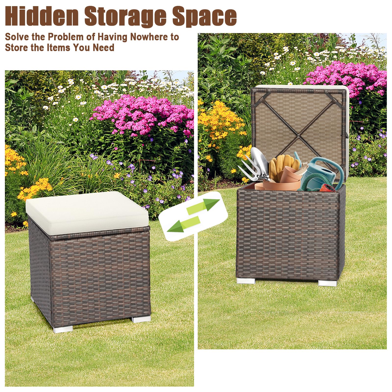 RELAX4LIFE 2-Piece Wicker Outdoor Storage Ottoman Set with Removable Cushion - Rattan Footstool, Multipurpose Footrest, Side Table & Extra Seating - Perfect for Patio, Deck, Garden & Poolside (Off White)