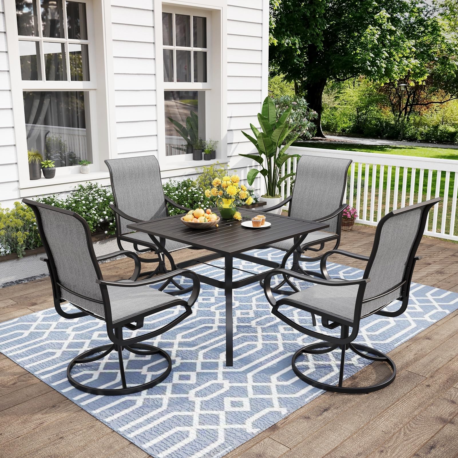 MFSTUDIO 4-Piece Patio Dining Set - All-Weather Outdoor Furniture with 4 Swivel Sling Chairs & Square Metal Table (Light Grey) - Perfect for Backyard, Garden, Poolside & Outdoor Entertaining