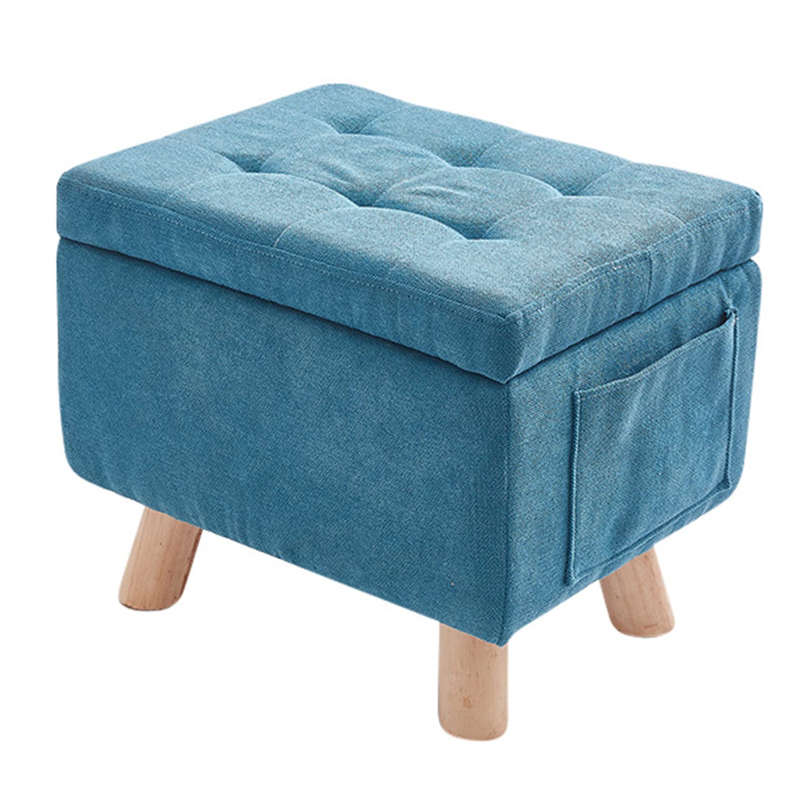 W&X Large Rectangular Storage Ottoman Bench with Padded Cushion & Wood Legs - Blue (40x30x34cm/16x12x13inch) - Sturdy End of Bed Storage Stool, Entryway Organizer, Linen Chest | Perfect for Bedroom, Living Room & Hallway Organization
