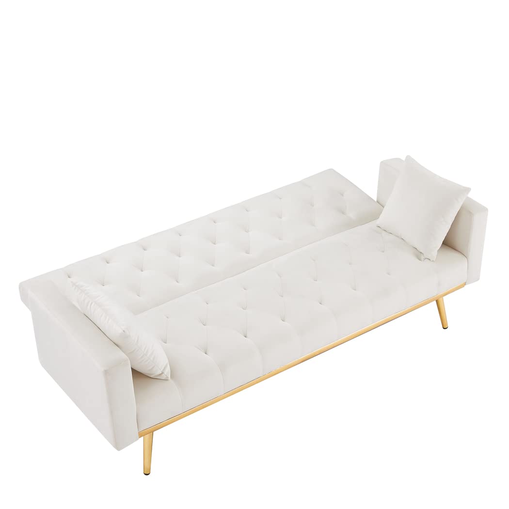 Velvet Convertible Folding Futon Sofa Bed with Armrests & 4 Gold Metal Legs - 3 Adjustable Backrests for Small Spaces, Living Room & Bedroom - Perfect for Apartments, Guest Rooms & Home Offices (White)