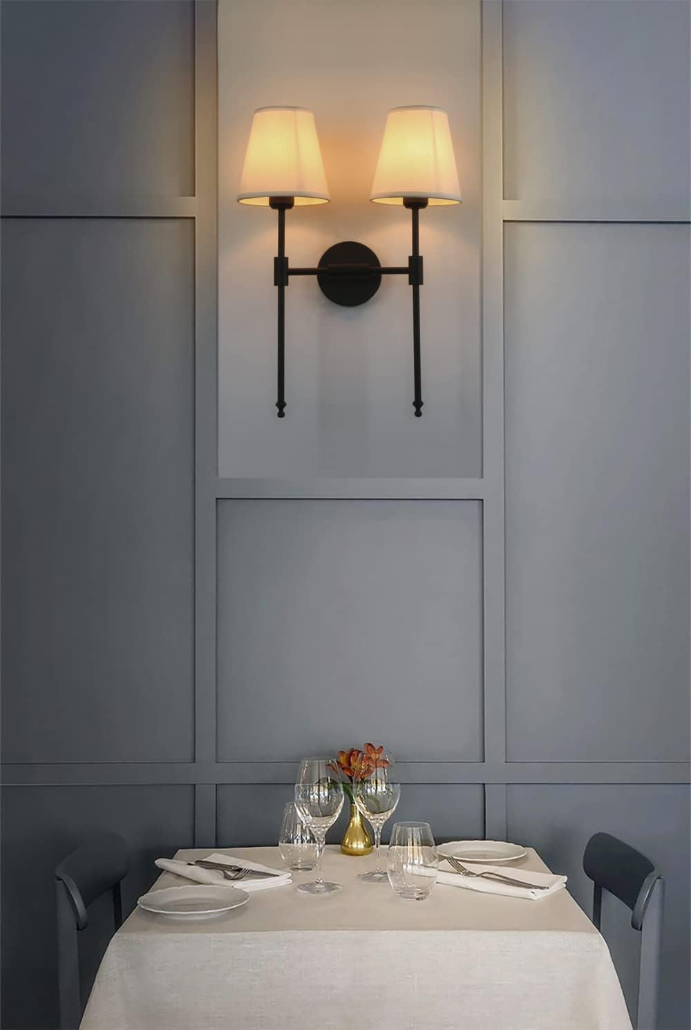 PERMO Classic Rustic Double Sconce Wall Light - 2-Light Black Arm Fixture with White Flared Fabric Shade - Perfect for Bathroom, Bedroom, Bedside & Hallway Lighting