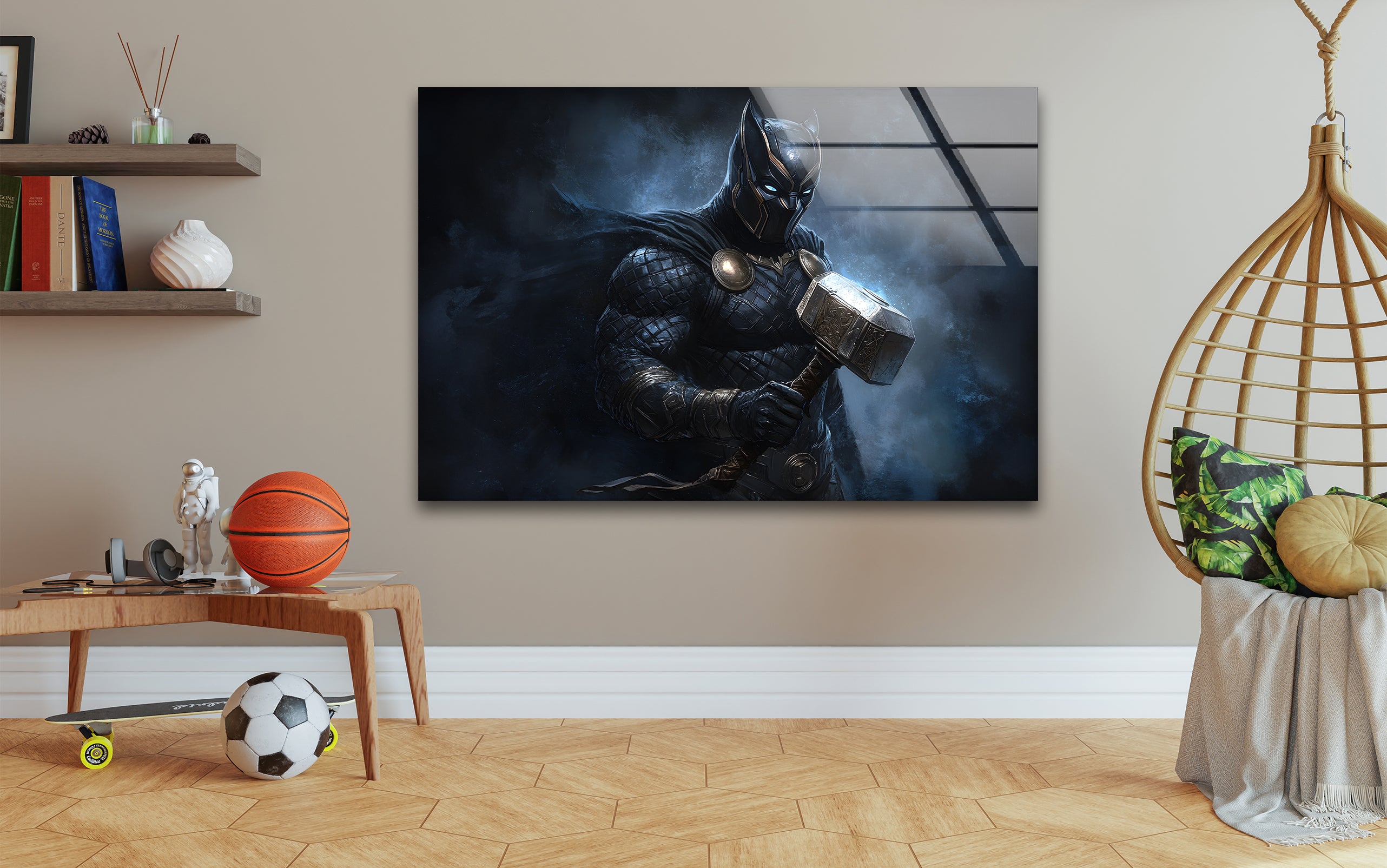 Marvel Black Panther Thor's Hammer Glass Wall Art - Superhero Home Decor for Living Room, Bedroom & Office