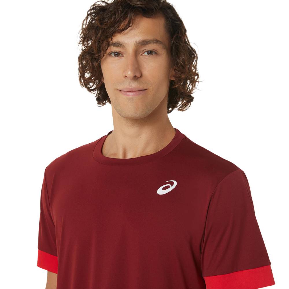 ASICS Men's Court Short Sleeve Tennis Shirt - Moisture-Wicking Performance Top in Beet Red/Classic Red - Perfect for Tennis, Pickleball & Casual Wear