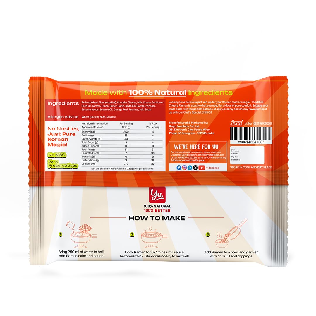 Yu Foodlabs Spicy Korean Ramen with Cheese - 4 Pack (100g x 4) | No MSG, Preservative-Free | 100% Natural Vegan Instant Noodles | Ready in 6 Minutes - Perfect for Quick Meals, Late-Night Snacks & College Dorm Cooking