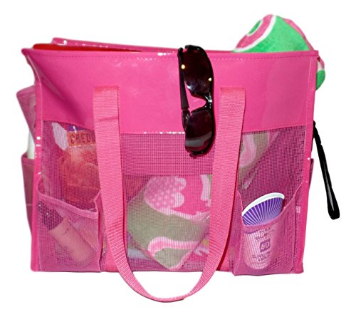Waterproof Mesh Beach Bag with Zipper - Lightweight Organizing Tote for Women, Pink - Perfect for Pool, Travel & Shopping Accessories Storage