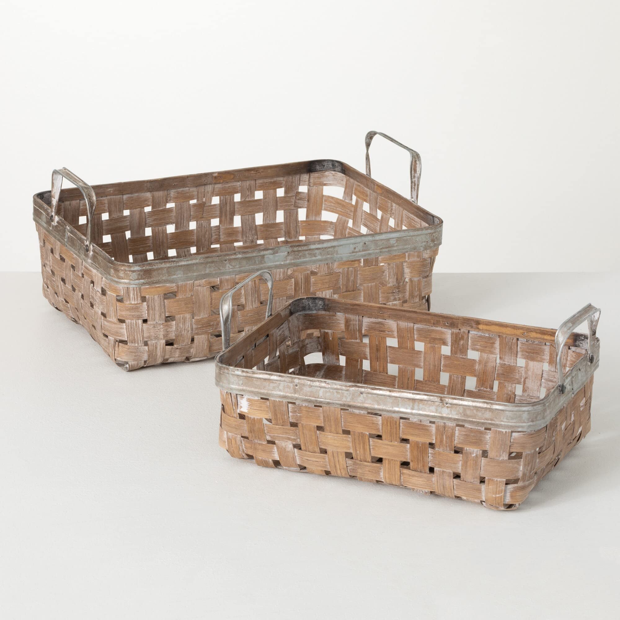 Handwoven Rattan Basket Set of 2 - Natural Brown Wicker Storage Baskets for Home Organization, Laundry, or Picnic Supplies | Eco-Friendly & Durable