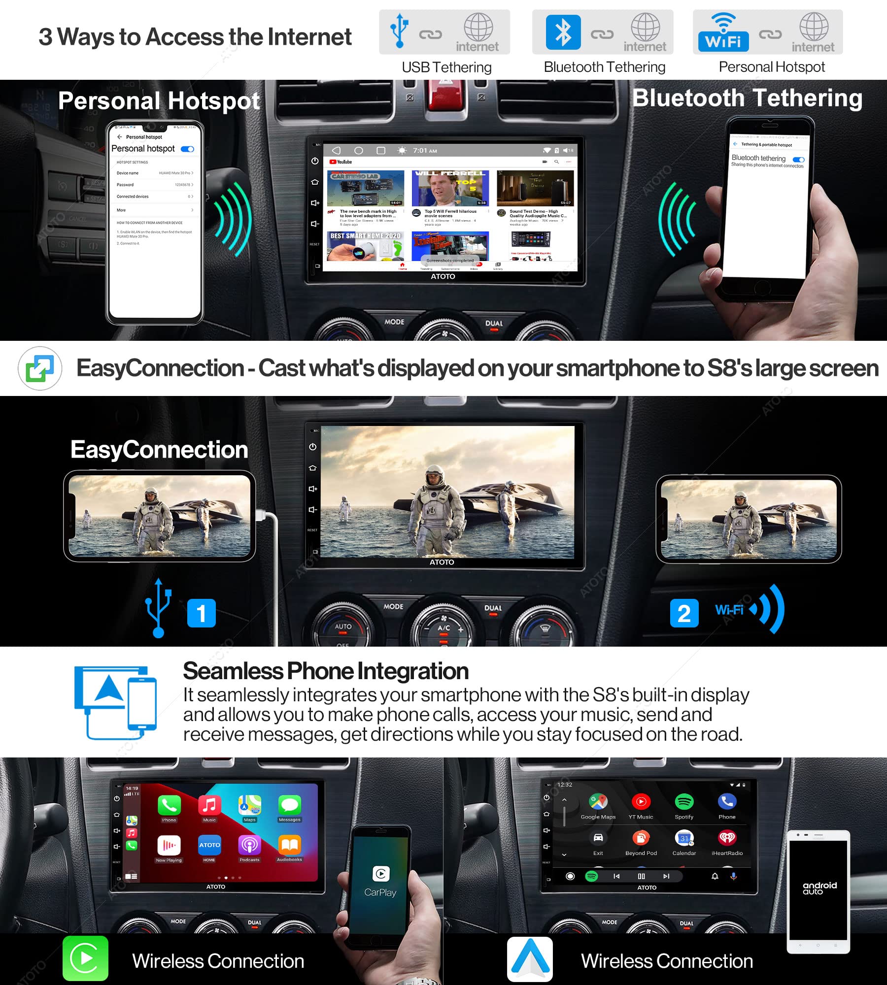 ATOTO 7-inch Android Car Stereo with Wireless CarPlay & Android Auto - Dual Bluetooth, QLED Touchscreen, HD Rearview Camera (Model S8G2B74PM) | Perfect for Tesla, Toyota, Honda & More - Upgrade Your In-Car Entertainment System