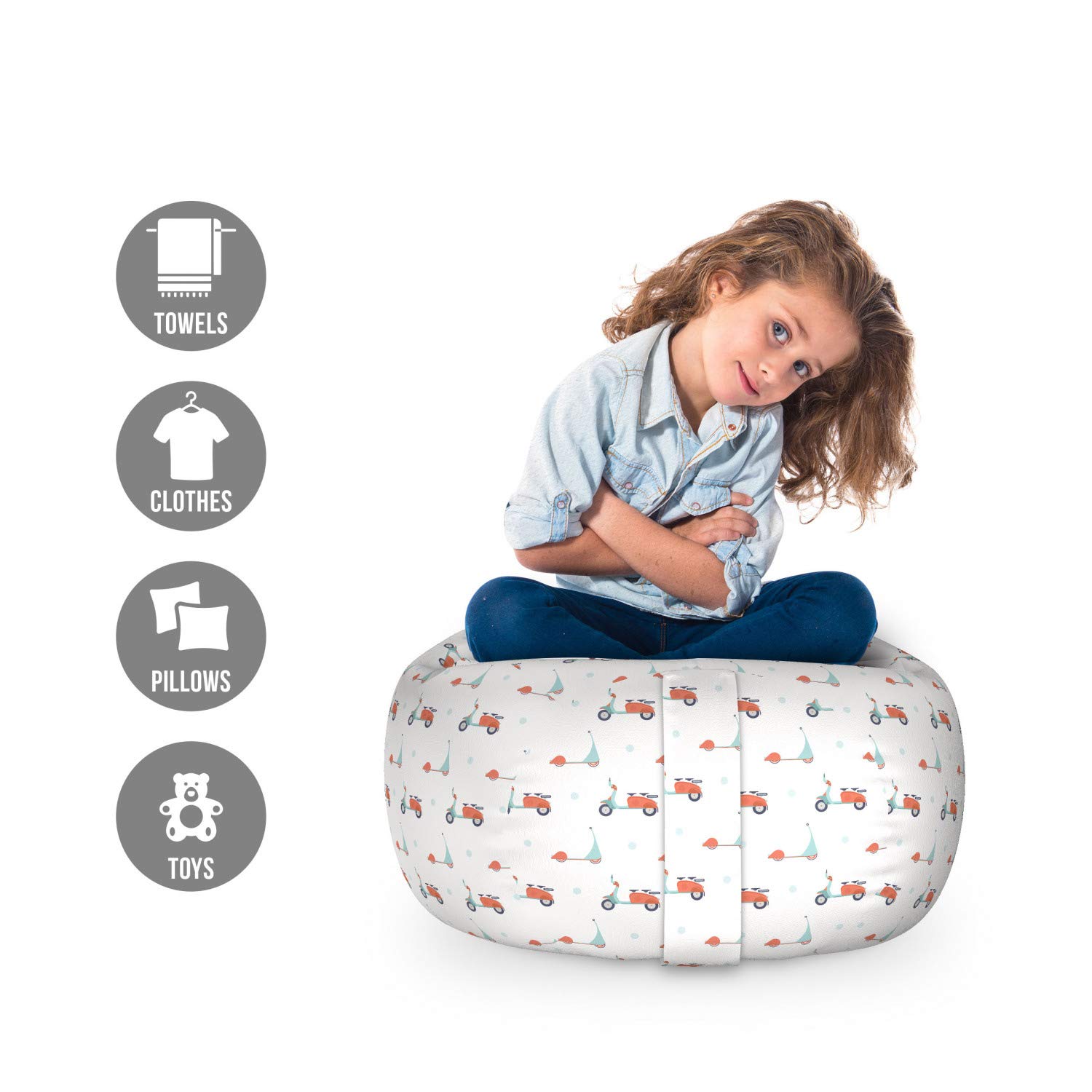 Ambesonne Motorcycle Storage Toy Bag Chair - Pastel Mopeds & Scooters with Dots Design, Washable Stuffed Animal Organizer Bag, Small Size in Salmon Seafoam - Perfect for Kids' Room, Nursery Storage & Toy Organization