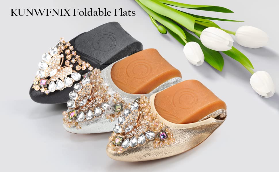 Women's Foldable Ballet Flats - Shiny Comfortable Loafers for Women | Dressy & Casual Shoes for Work, Travel & Everyday Wear