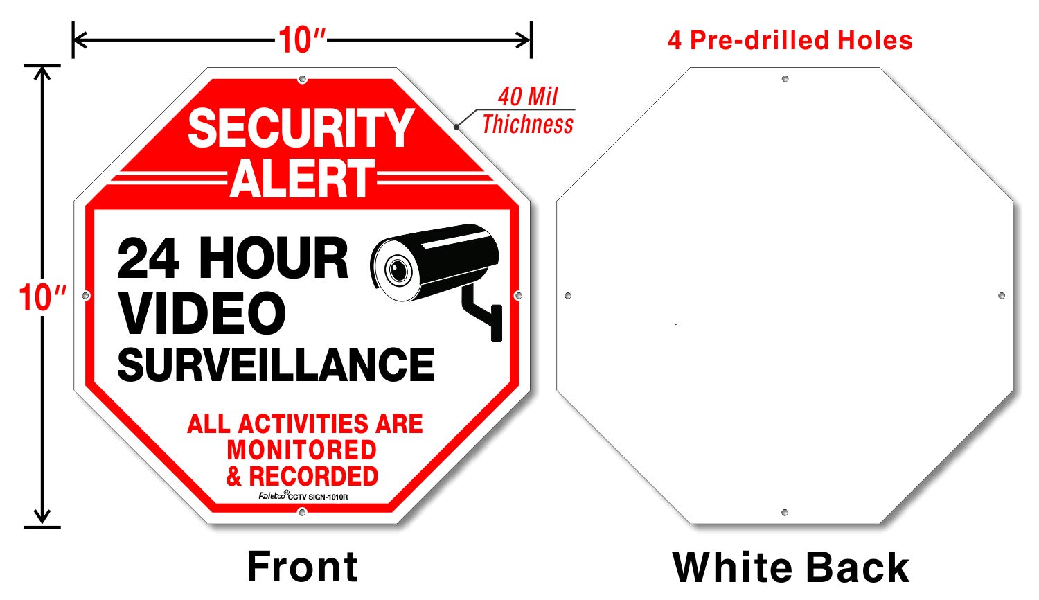 Faittoo (4 Pack) 10x10 Inch Reflective Security Warning Signs - .040 Aluminum All Activities Monitored & 24/7 Video Surveillance Signs for Home, Business, CCTV Cameras - Indoor & Outdoor Use - Deter Burglars & Protect Property