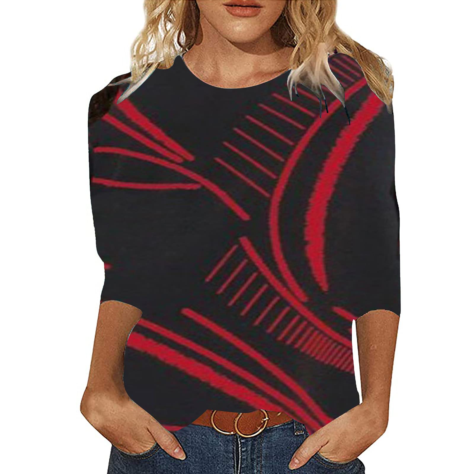 **Plus Size Women's 3/4 Sleeve T-Shirt - Cute Gradient Print Casual Loose Lightweight Tunic Blouse for Everyday Wear & Layering**