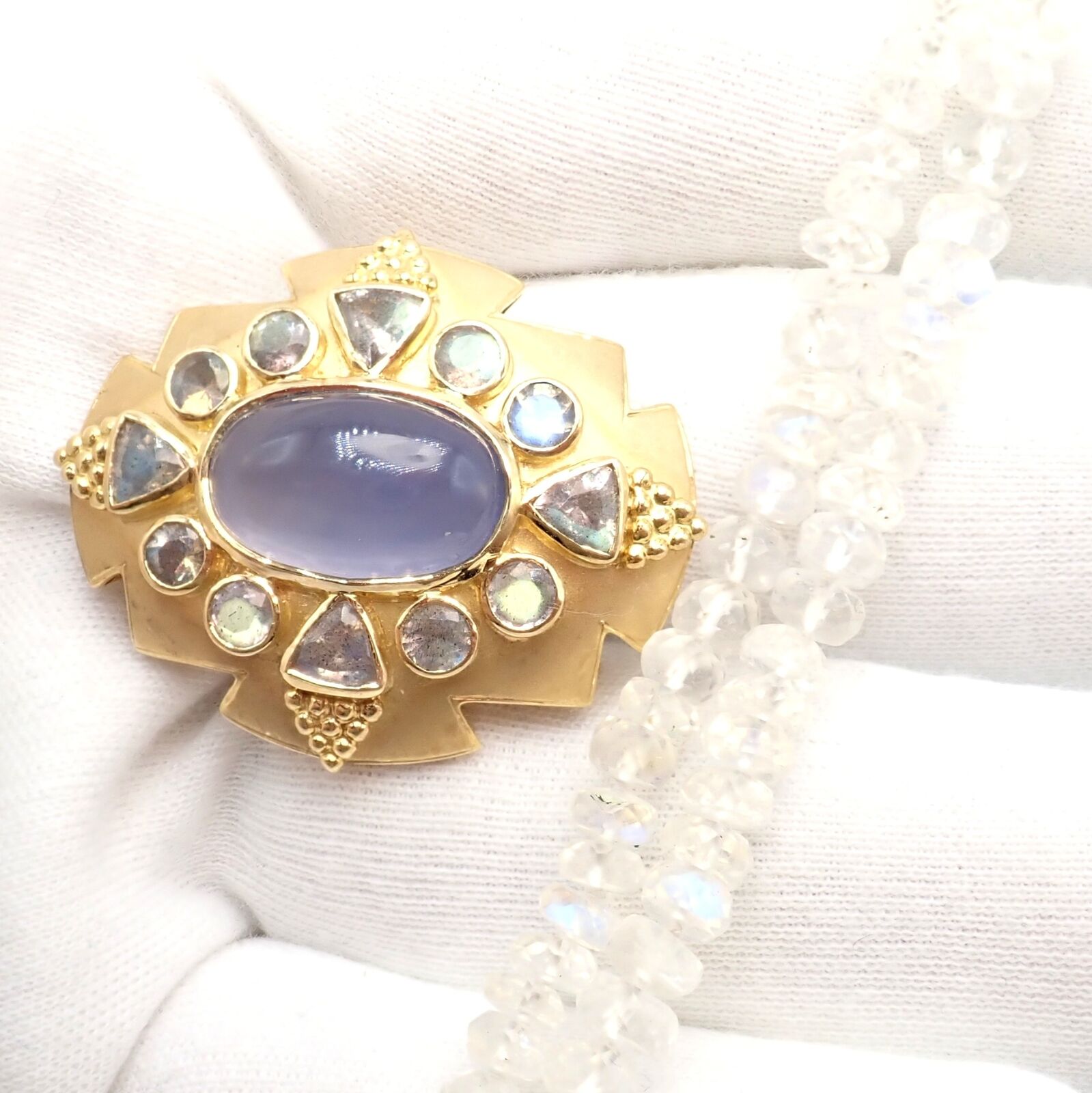 Paula Crevoshay 18k Gold Moonstone Chalcedony Jewelry Set - Brooch, Bracelet & Necklace OOAK for Special Occasions & Luxury Gifts