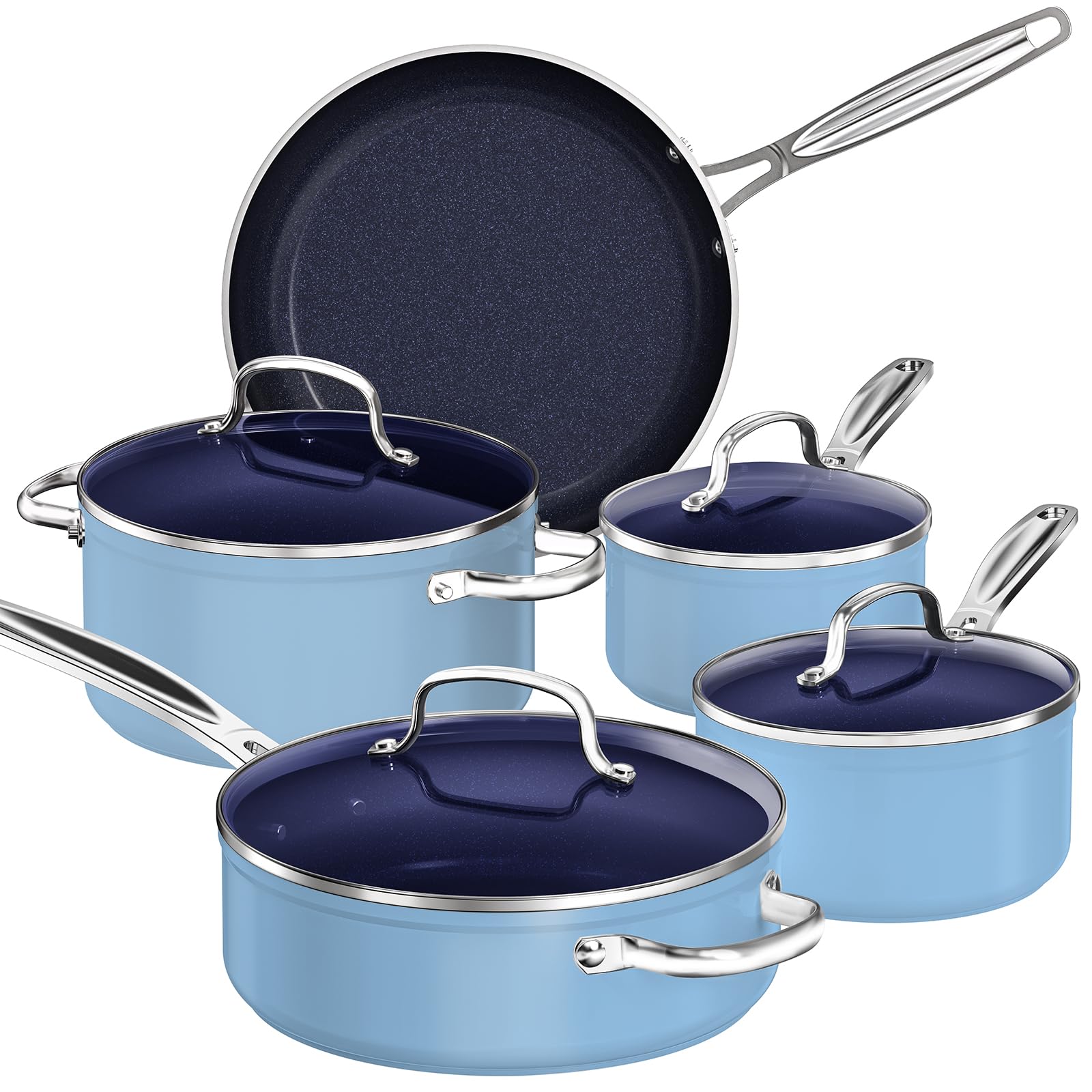 Nuwave 9-Piece Nonstick Cookware Set - Blue Ceramic Coated, Diamond Infused, Scratch Resistant & PFAS Free - Oven & Induction Safe with Tempered Glass Lids & Stay-Cool Handles - Perfect for Healthy Cooking, Frying, Baking & Meal Prep