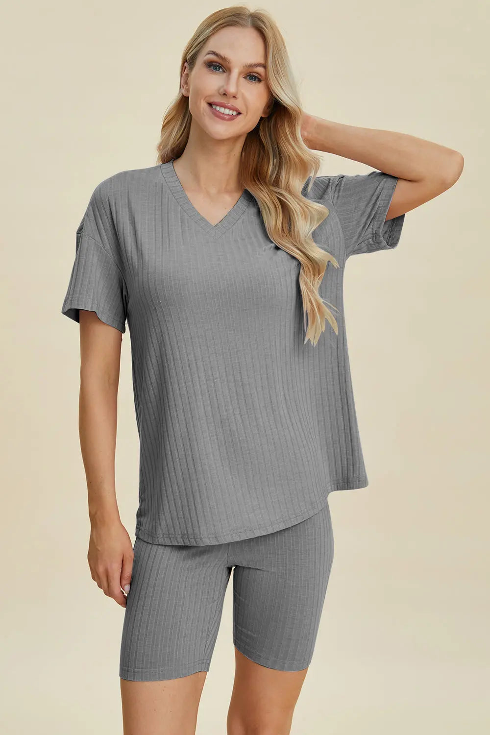Basic Bae Full Size Ribbed V Neck Short Sleeve Top and Shorts Set - Women's Casual Summer Outfit for Beach, Lounge & Everyday Wear